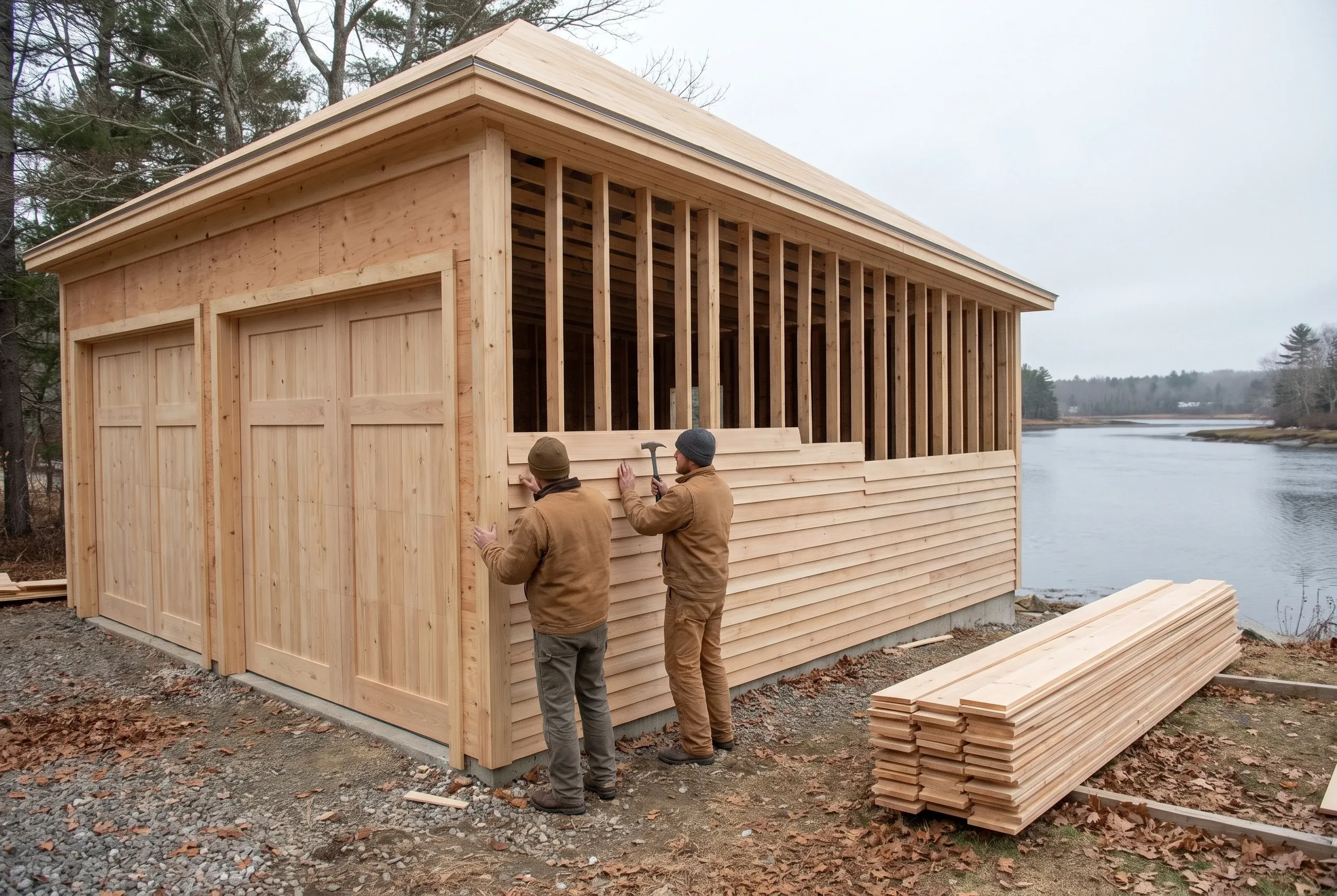 Garage builder Damariscotta Maine: two workers nail clapboard to a partly sided garage with carriage doors beside the water, pine clapboards stacked at right