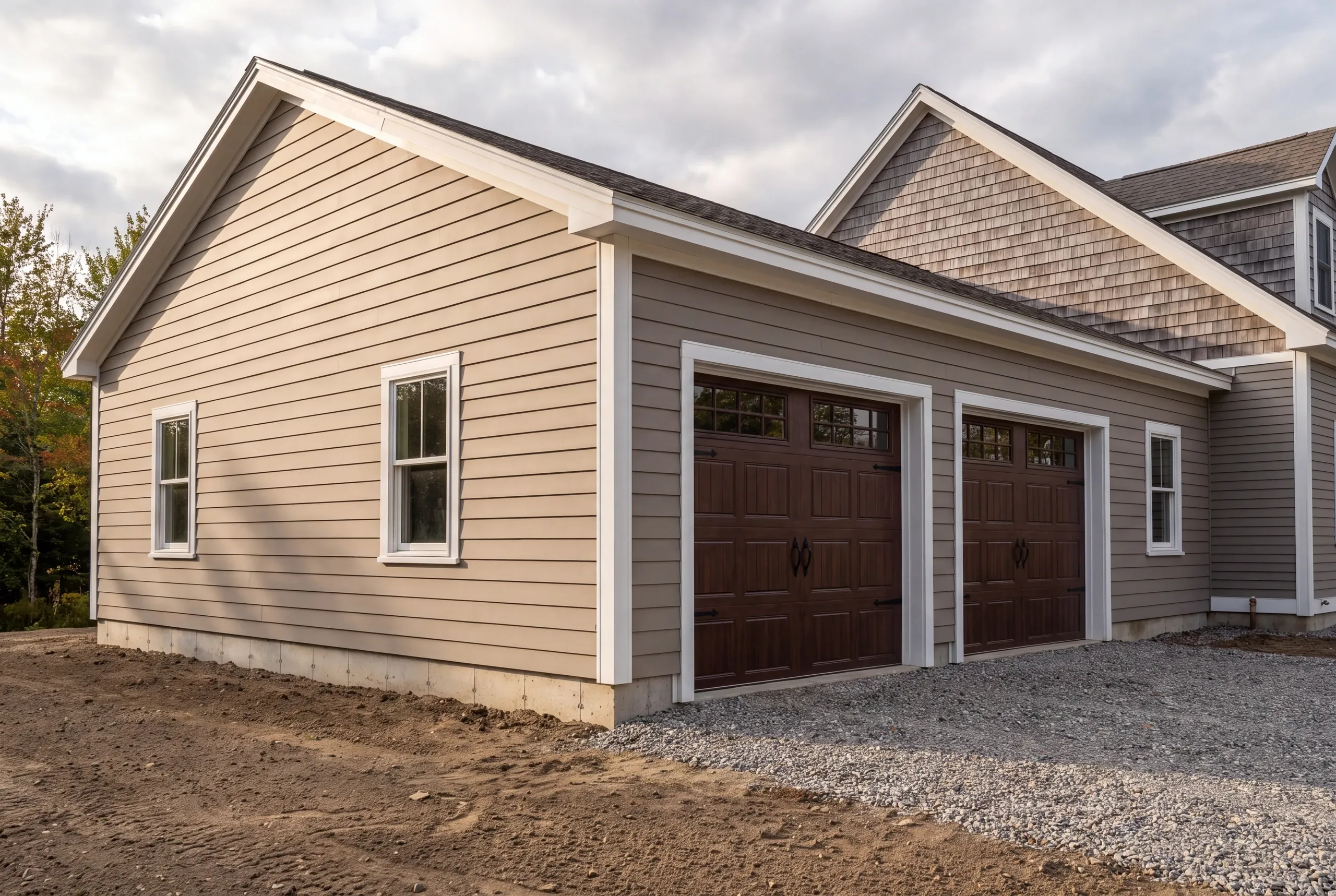 Custom garage builder Damariscotta Maine: taupe two-bay garage with brown doors joined to a cedar-shingled house, fresh dirt grade