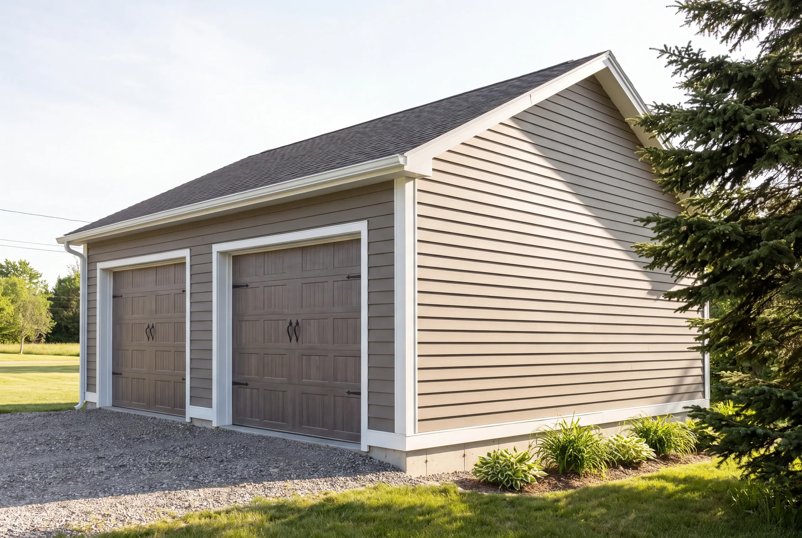 Detached garage builder Damariscotta Maine: taupe two-bay garage with matching overhead doors and fresh plantings by the lawn