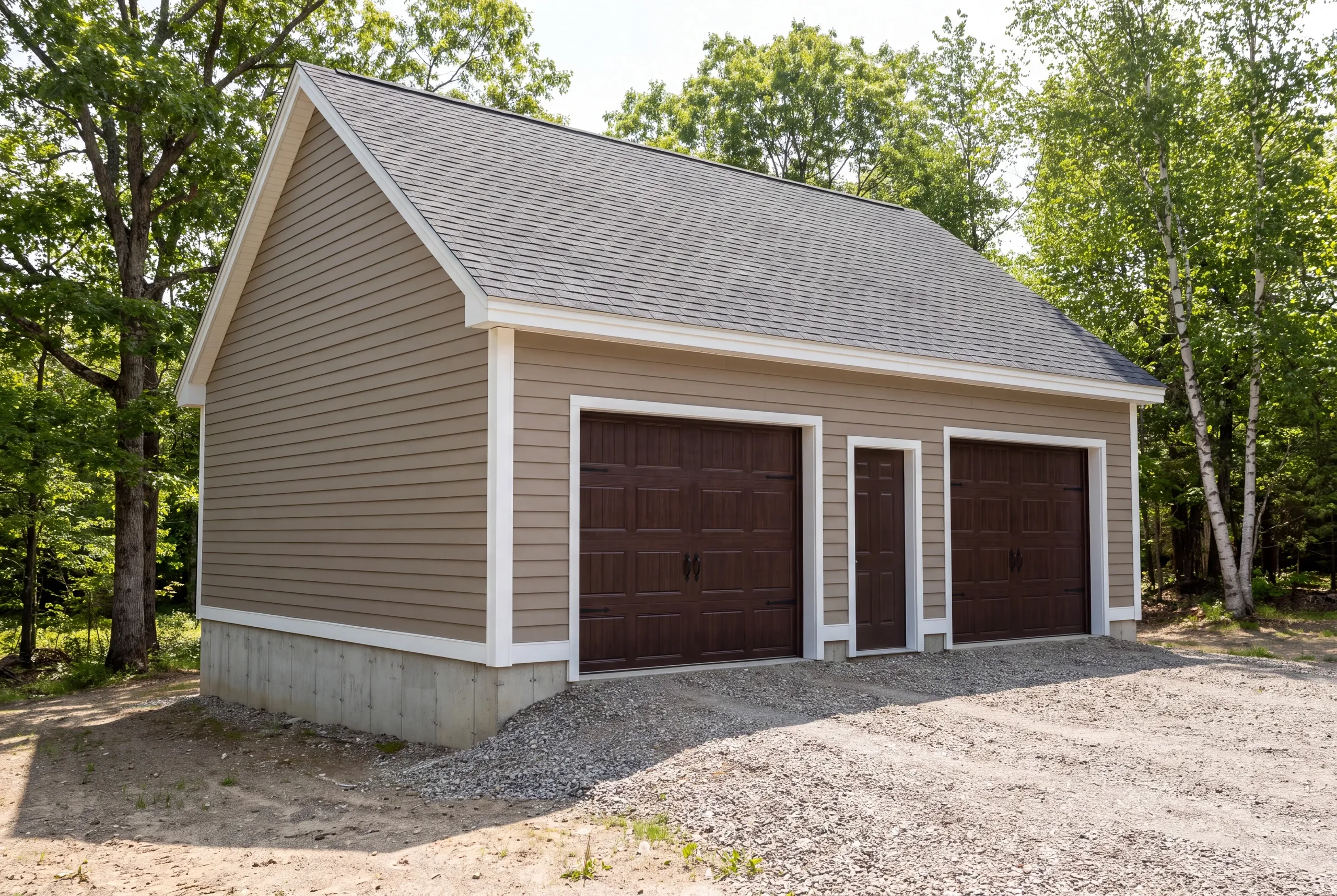Garage builder in Fairfield, ME: detached garage with two brown doors and a walk-in door on a tall concrete foundation