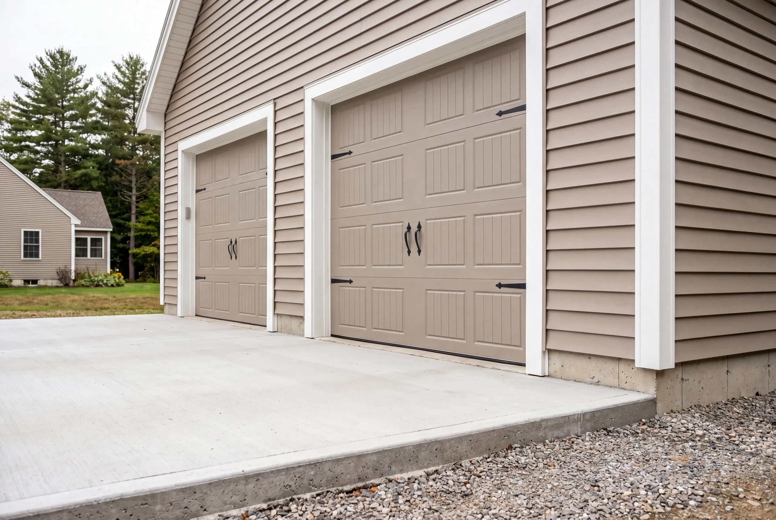 Custom garage builder Fairfield Maine: two taupe overhead doors above a fresh concrete apron with a thick poured edge