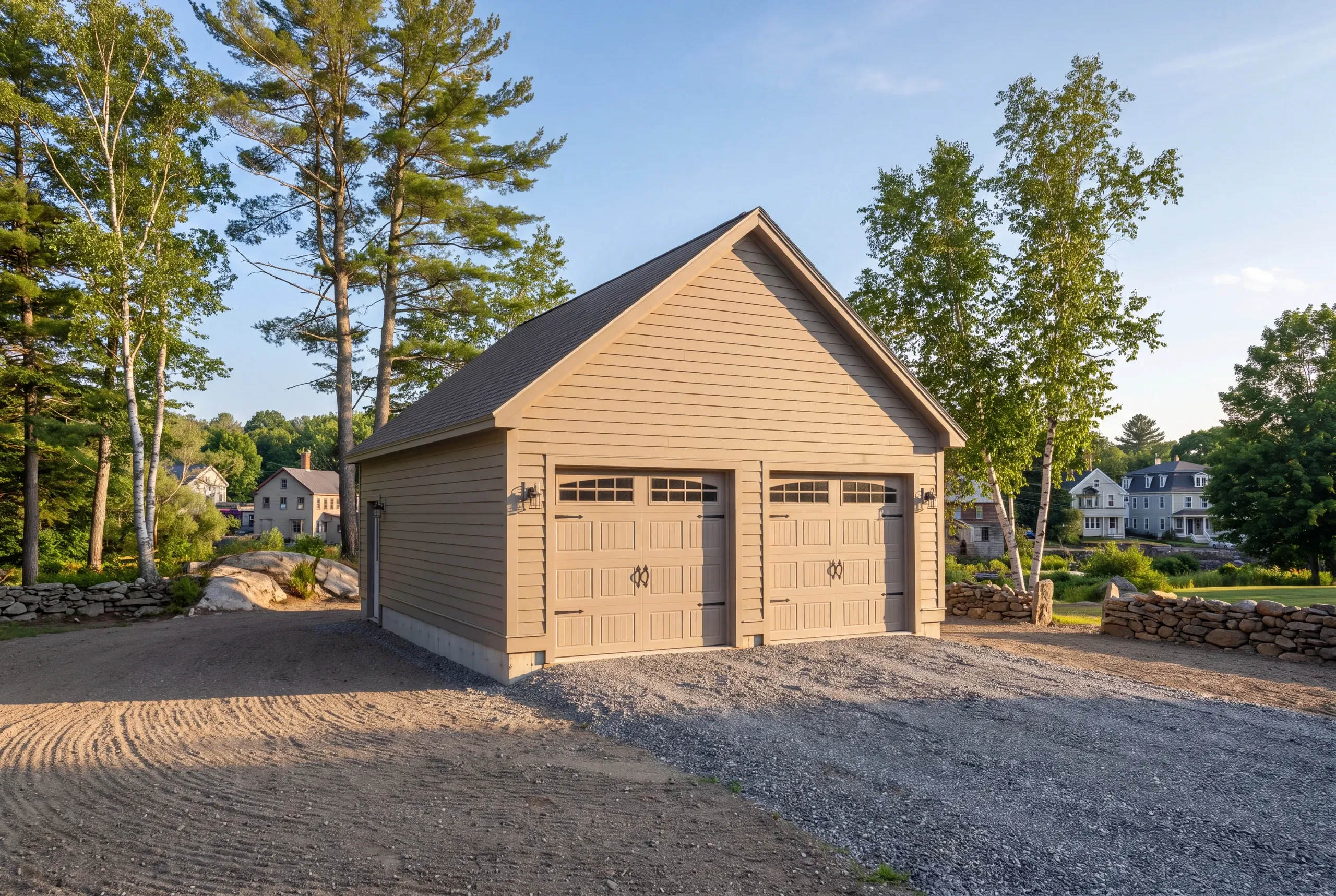 Detached garage builder Fairfield Maine: tan detached garage with windowed doors above a village, stone walls and a dirt drive