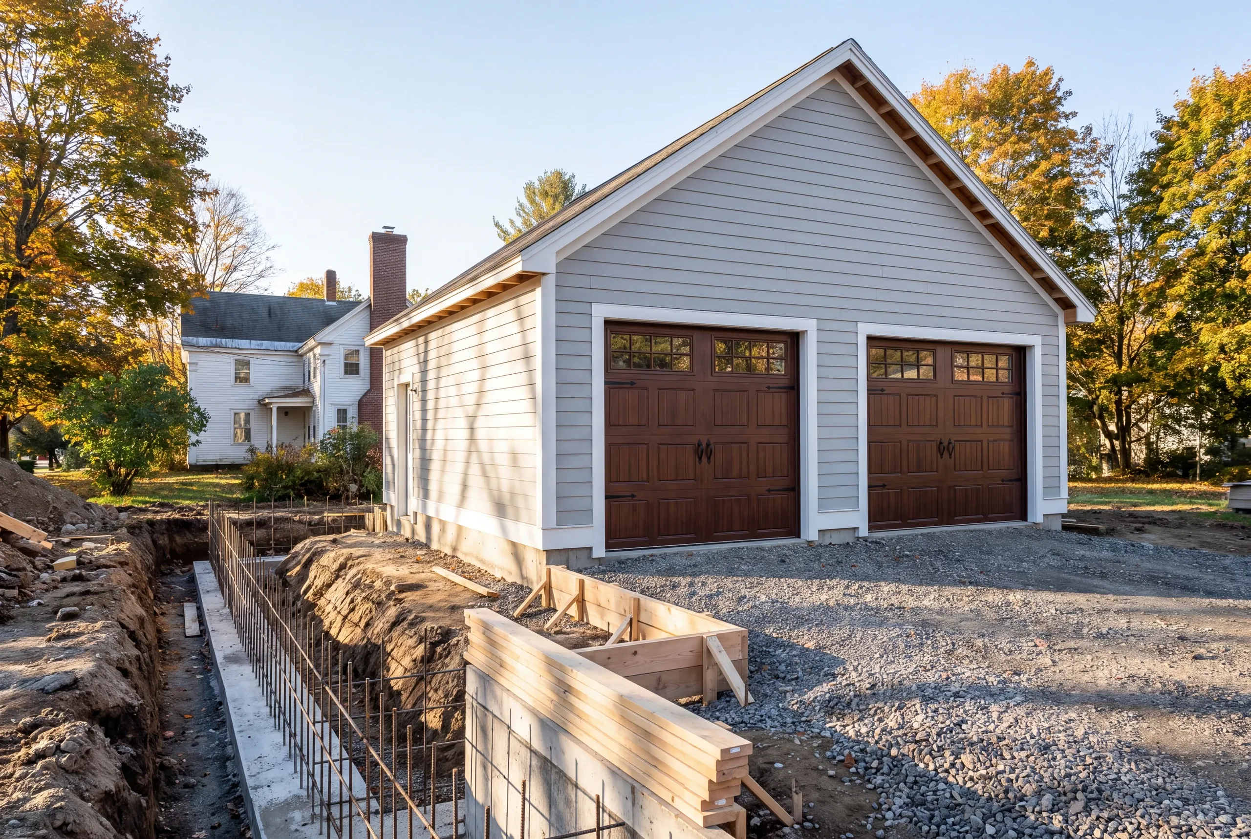 Garage builder Fairfield Maine: open footing trench with rebar and wall forms beside a gray two-bay garage