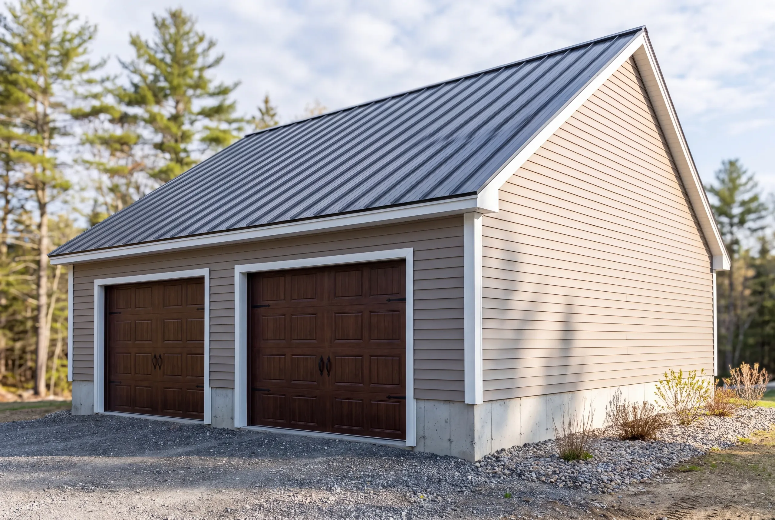Custom garage builder Fairfield Maine: two-bay garage with a dark standing seam metal roof and wood-tone doors in the pines