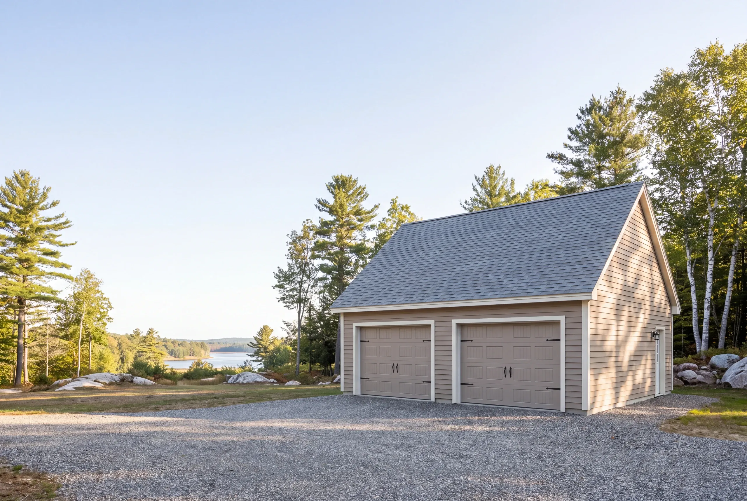 Detached garage builder Fairfield Maine: two-bay garage with taupe carriage doors at the end of a long gravel drive near water