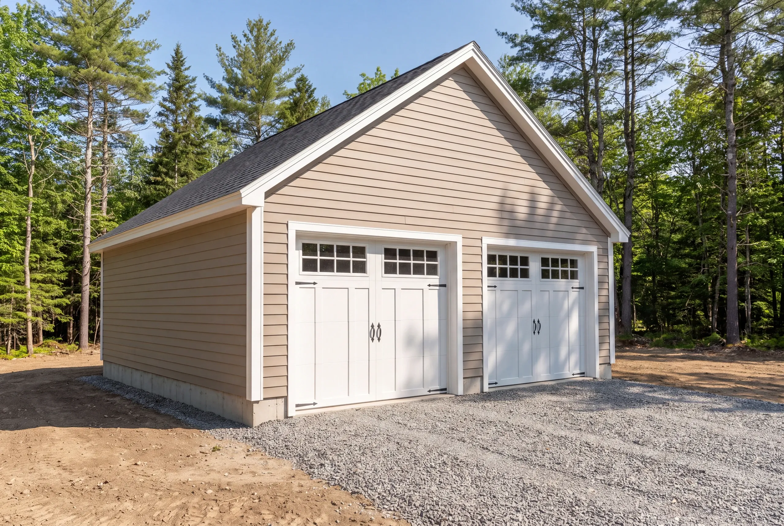 Garage builder in Gardiner, ME: tan two-bay garage with white carriage doors on a freshly cleared wooded lot