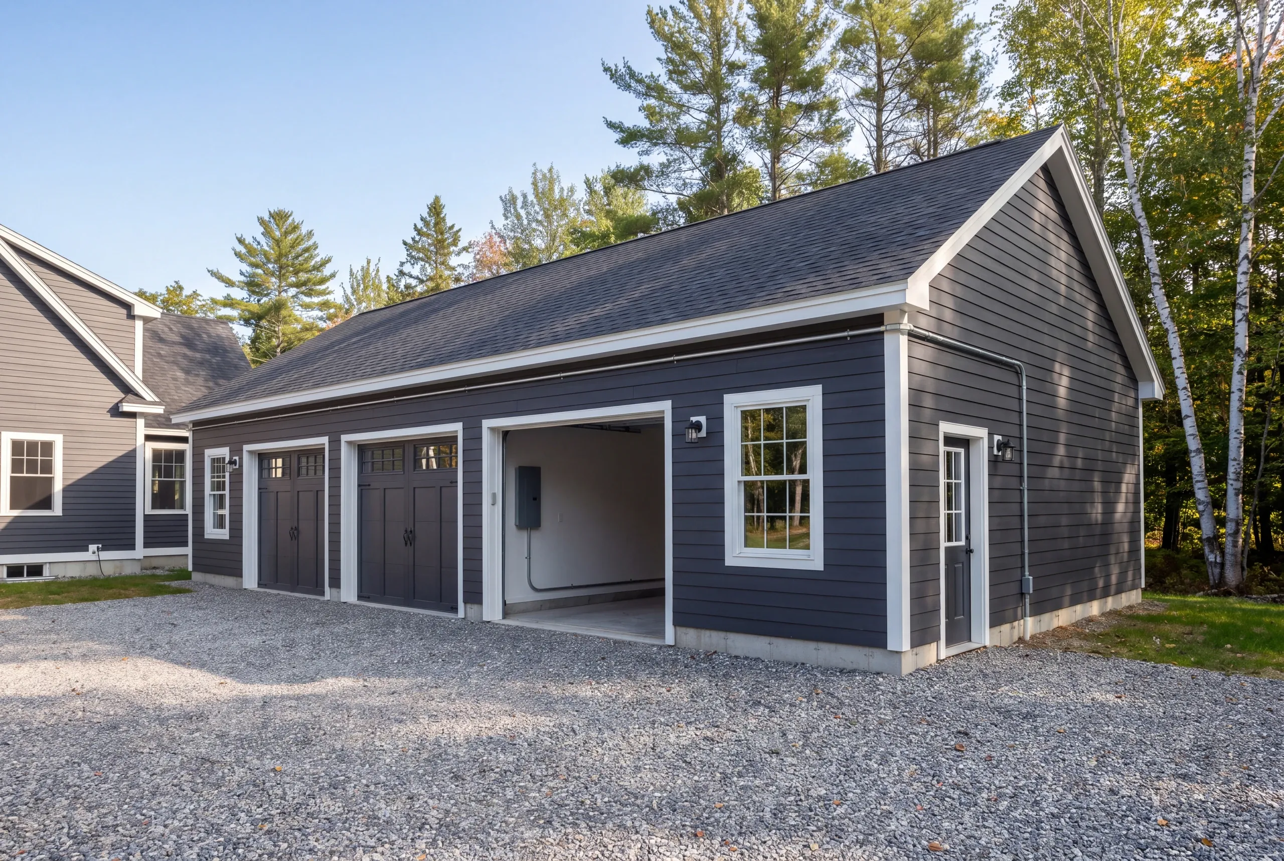 Custom garage builder Gardiner Maine: charcoal three-bay garage with one door open on an electrical panel, conduit along the eave