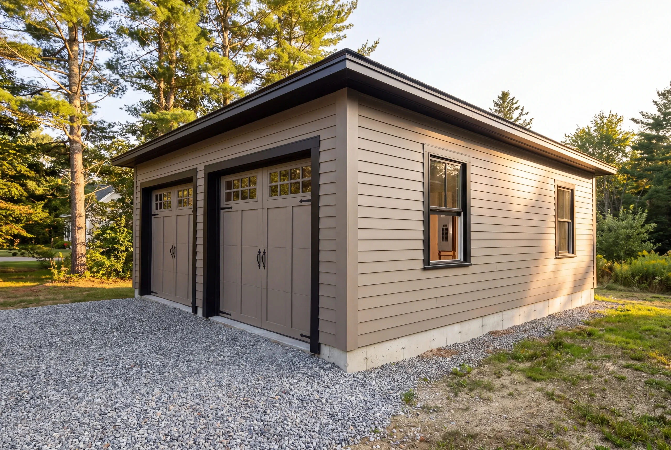 Detached garage builder Gardiner Maine: low-slope taupe garage with black trim, a panel box visible through the side window