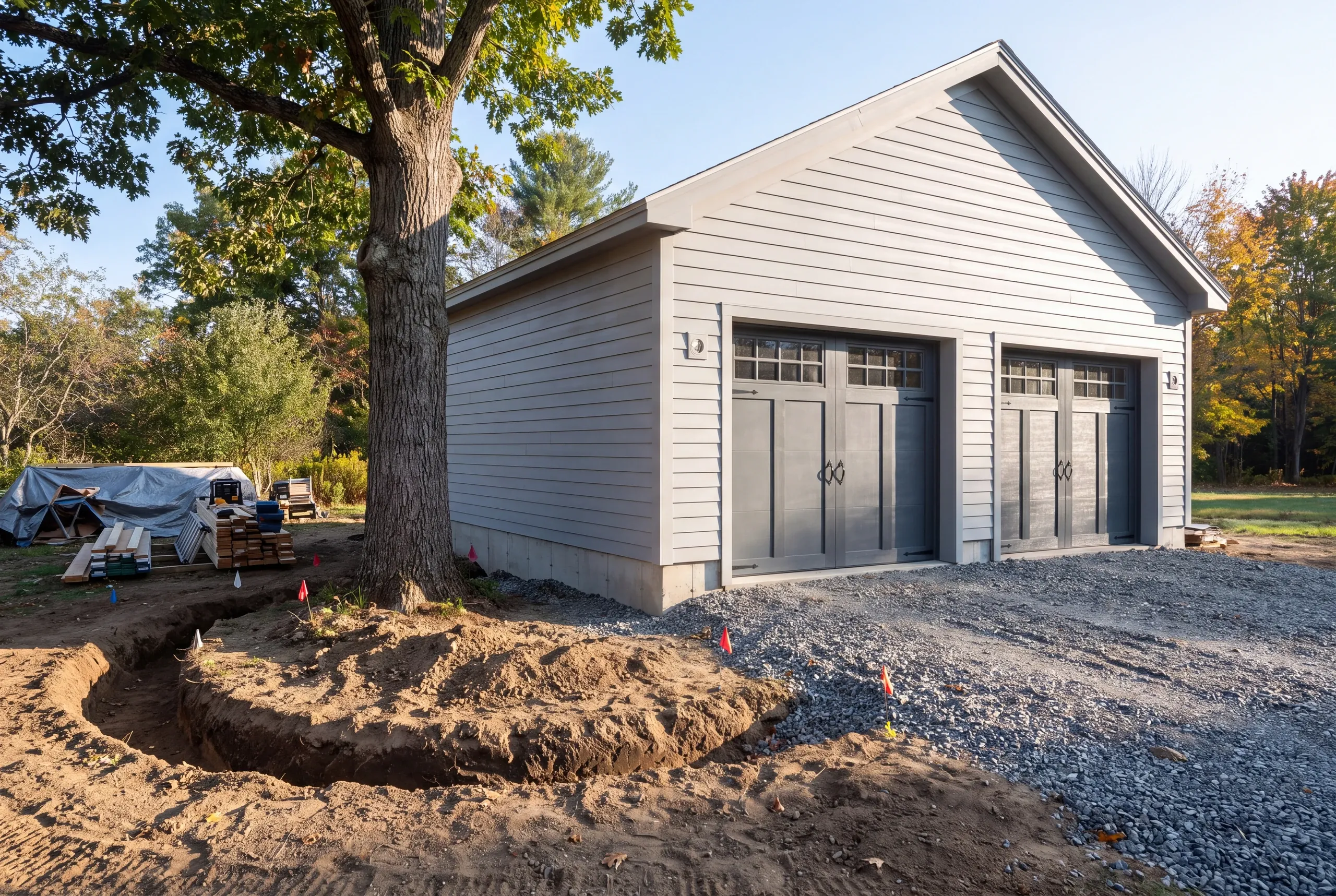 Garage builder Gardiner Maine: curving trench with marker flags dug around a large oak beside a gray two-bay garage