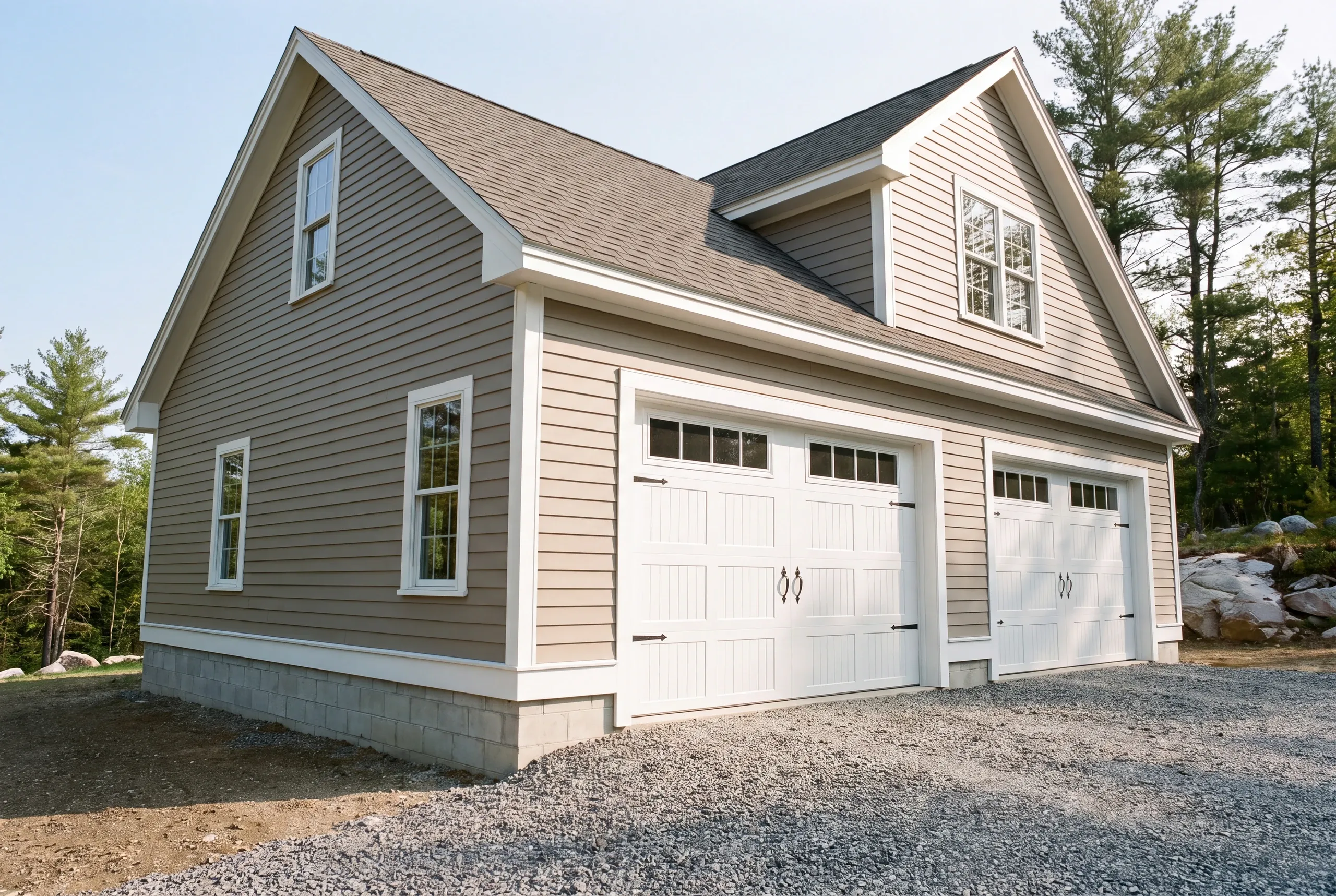 Custom garage builder Gardiner Maine: taupe two-bay garage with a shed dormer and gable windows over white carriage doors
