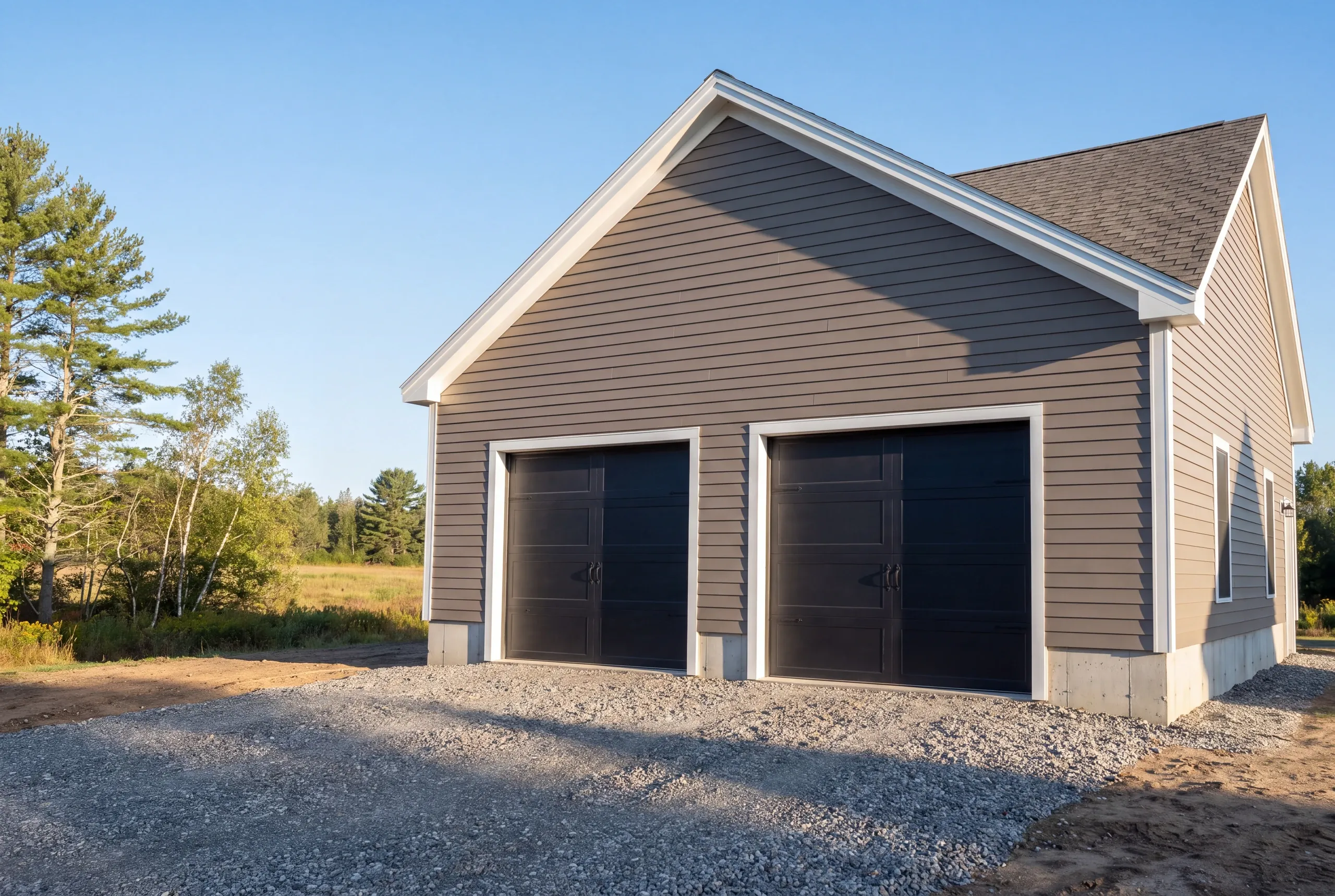 Detached garage builder Gardiner Maine: taupe two-bay garage with black overhead doors facing an open field