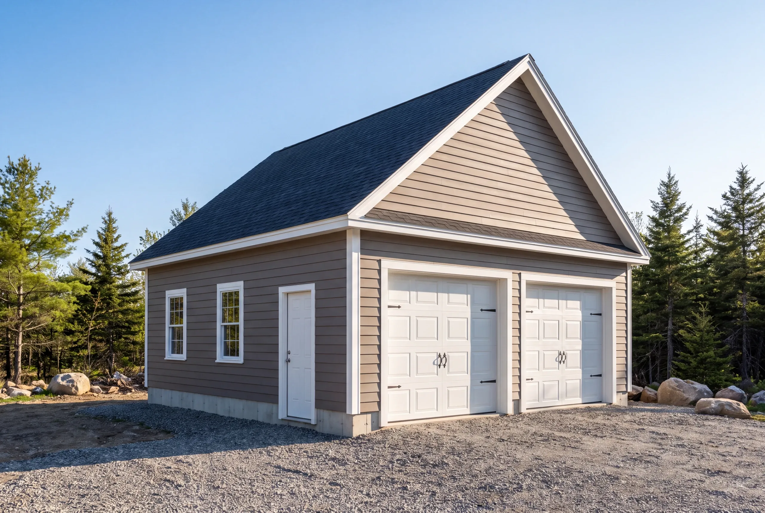 Garage builder: detached 1.5-story taupe garage with white carriage doors, side entry door, boulders and spruce