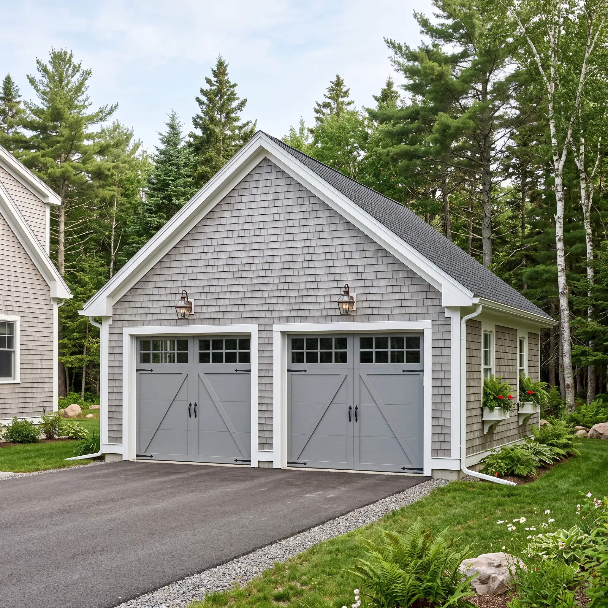 Detached garage builder Midcoast Maine: detached gray cedar shingle two-bay garage with gray carriage doors, lanterns and window boxes