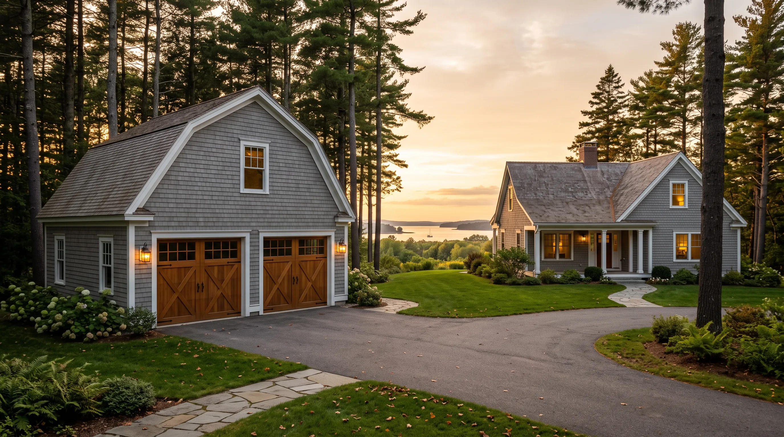Garage builder Midcoast Maine: gray cedar shingle gambrel garage with wood carriage doors beside a shingled cape at dusk