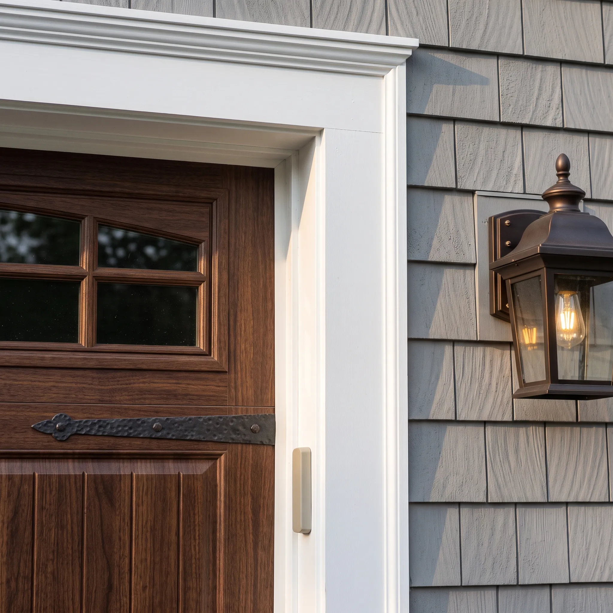 Custom garage builder Midcoast Maine: close view of a walnut-look carriage door with glass panels, white trim and a lit lantern
