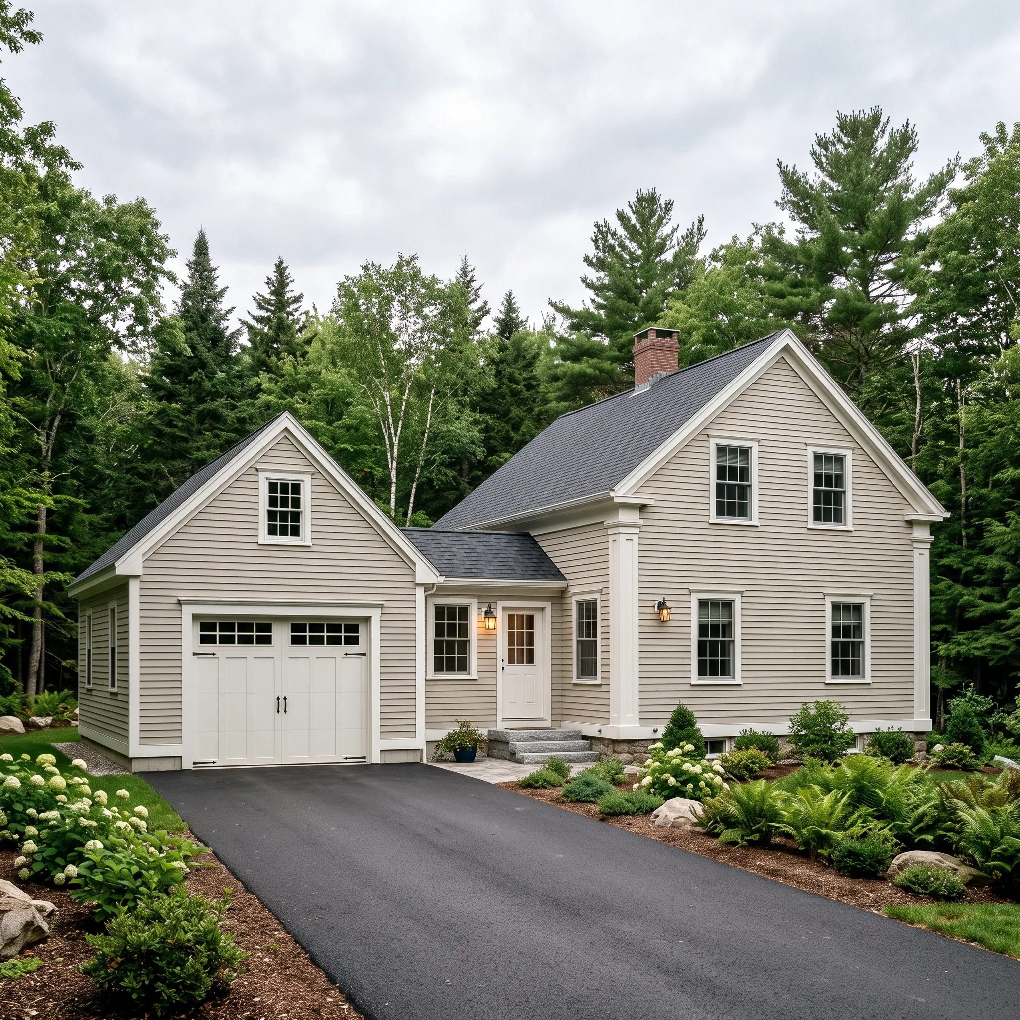 Garage builder Midcoast Maine: beige clapboard 1.5-story house with a one-bay garage wing, paved drive and hydrangeas