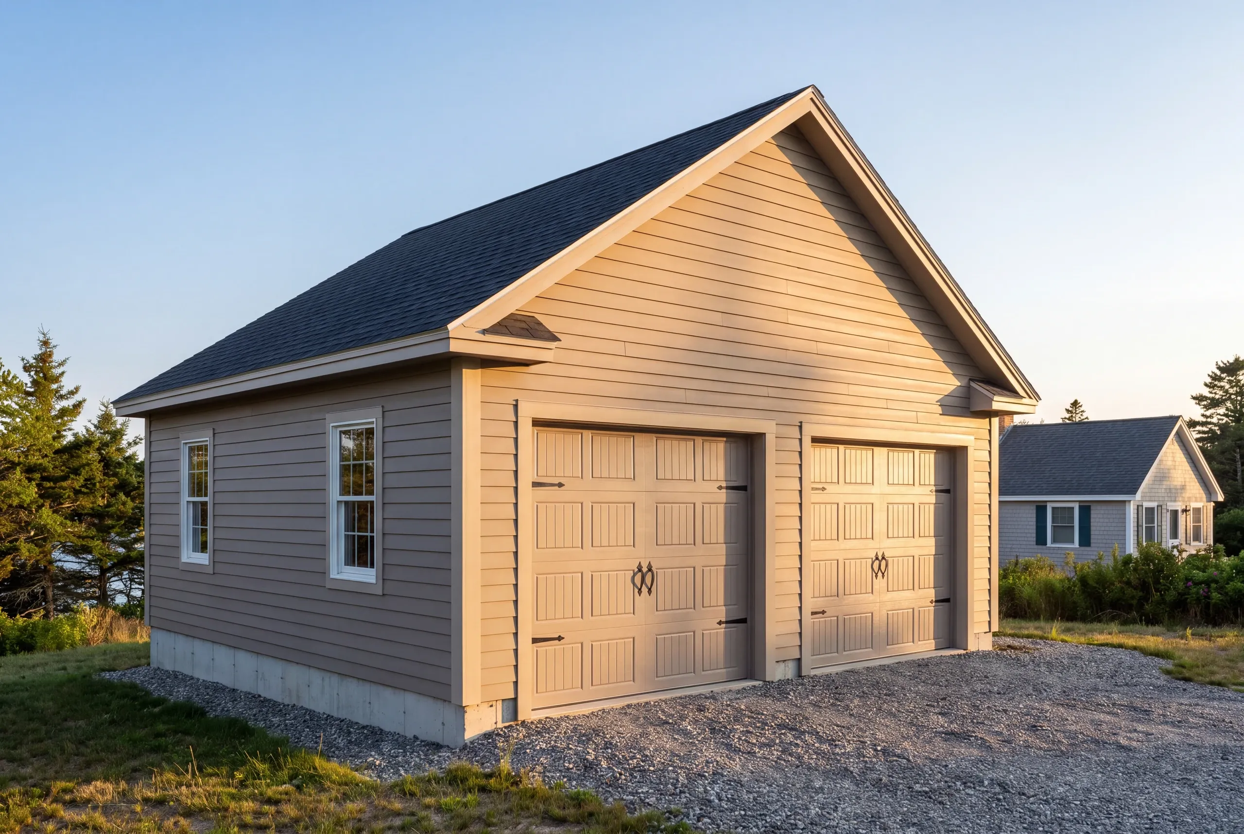 Garage builder in Lincolnville, ME: tan two-bay garage with beige paneled doors at sunset, a gray house beyond