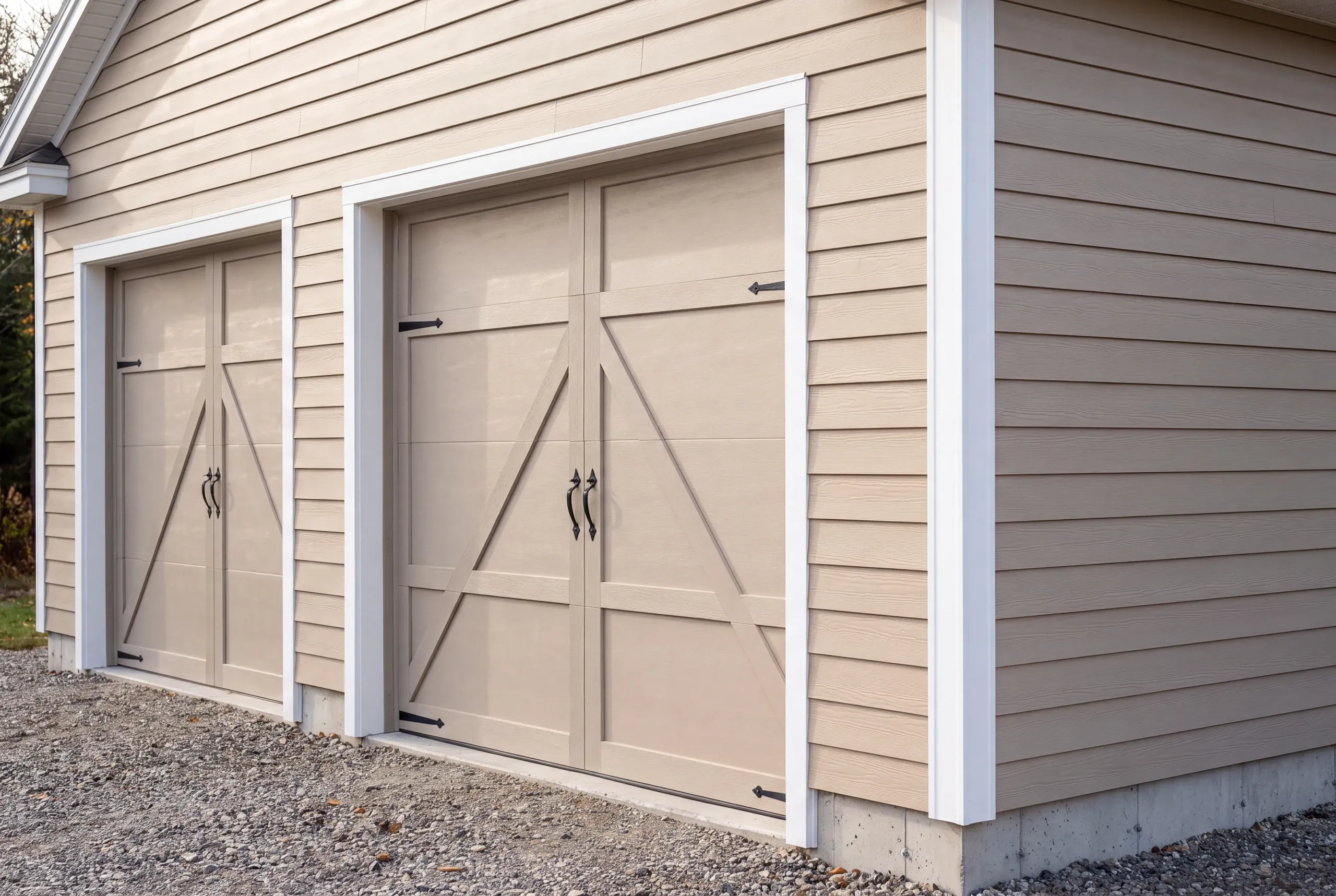 Custom garage builder Lincolnville Maine: close view of taupe garage doors with crossbuck panels and black strap hinges