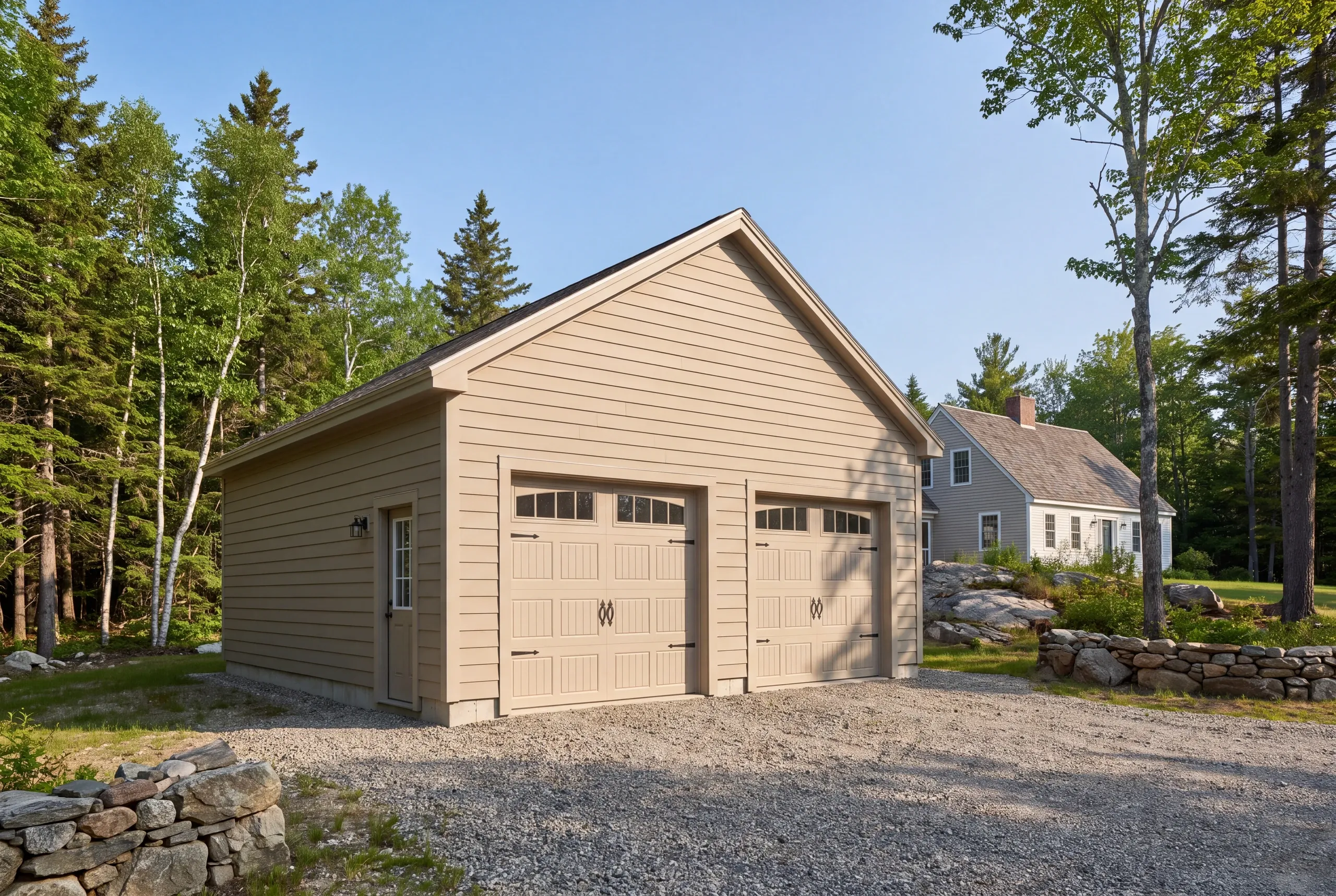 Detached garage builder Lincolnville Maine: tan two-bay garage with a side entry door, stone walls and a gray cape behind