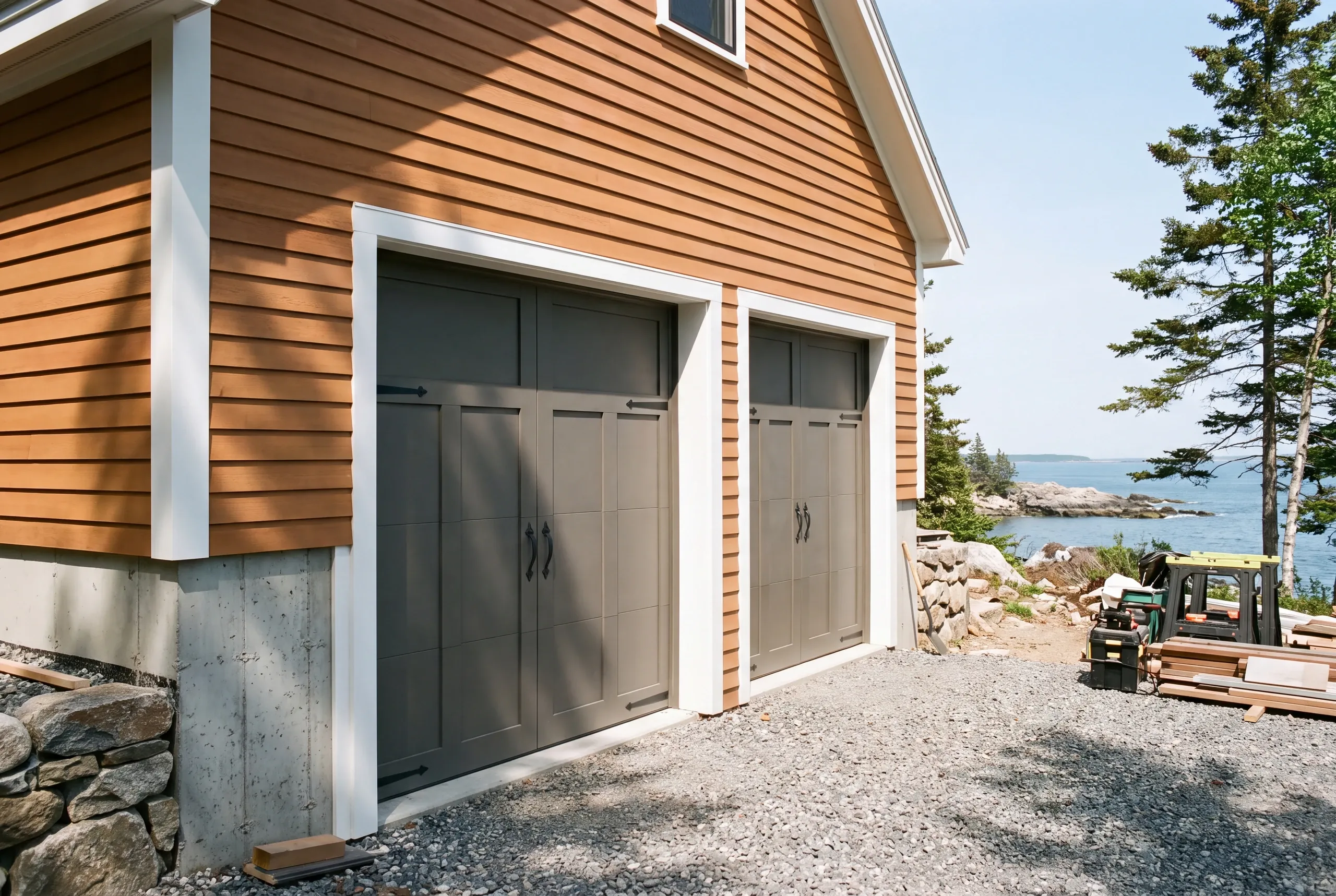 Garage builder Lincolnville Maine: cedar-tone lap siding garage with gray carriage doors above a rocky ocean shore