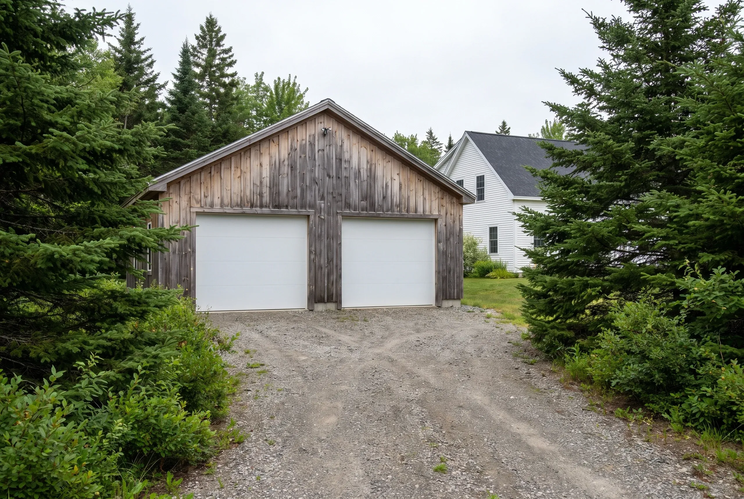 Custom garage builder Lincolnville Maine: weathered board-and-batten two-bay garage with white doors on a gravel drive beside a white house