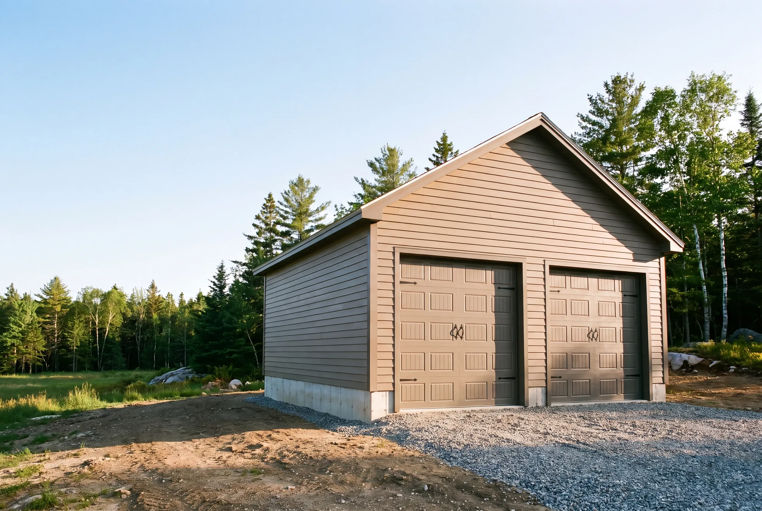 Detached garage builder Lincolnville Maine: taupe two-bay garage with dark brown doors on a freshly graded lot by the woods