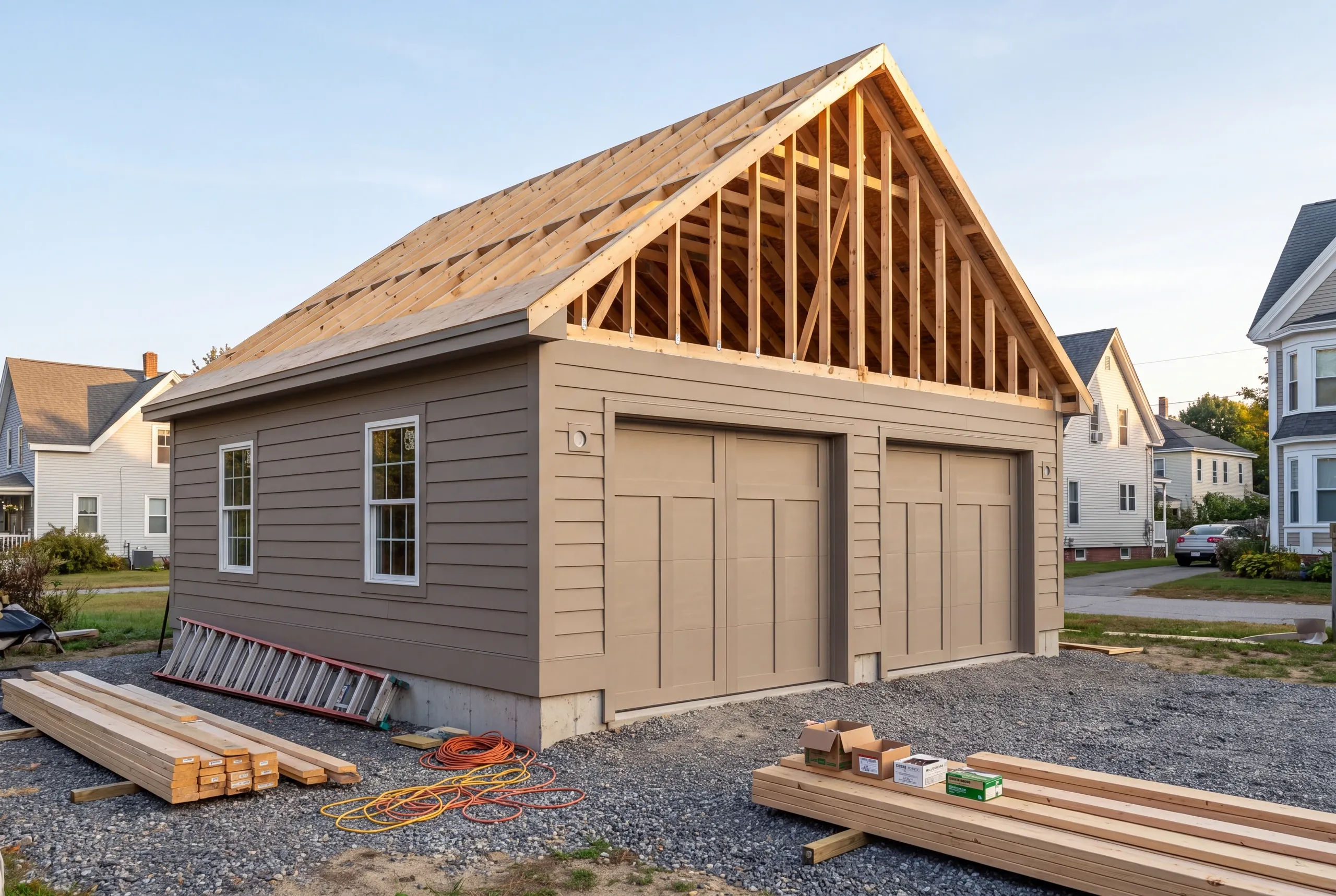 Garage builder in Pittsfield, ME: taupe two-bay garage with open gable framing and bare roof sheathing, lumber in front