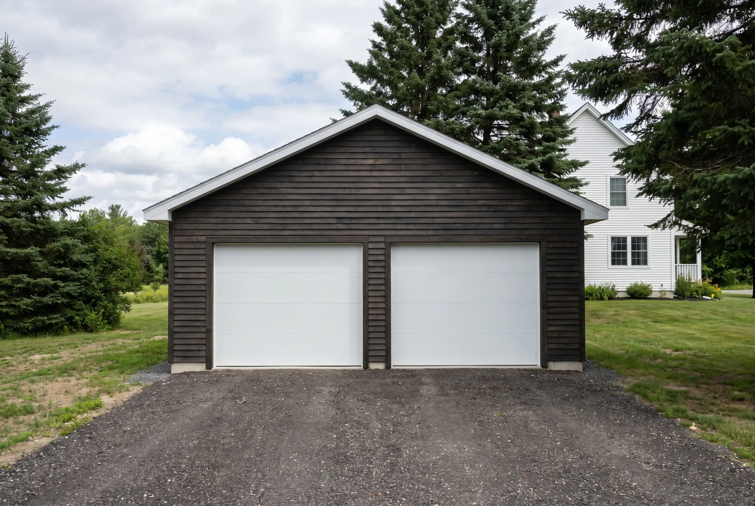 Custom garage builder Pittsfield Maine: dark board-and-batten two-bay garage with white doors on a gravel drive beside a white house