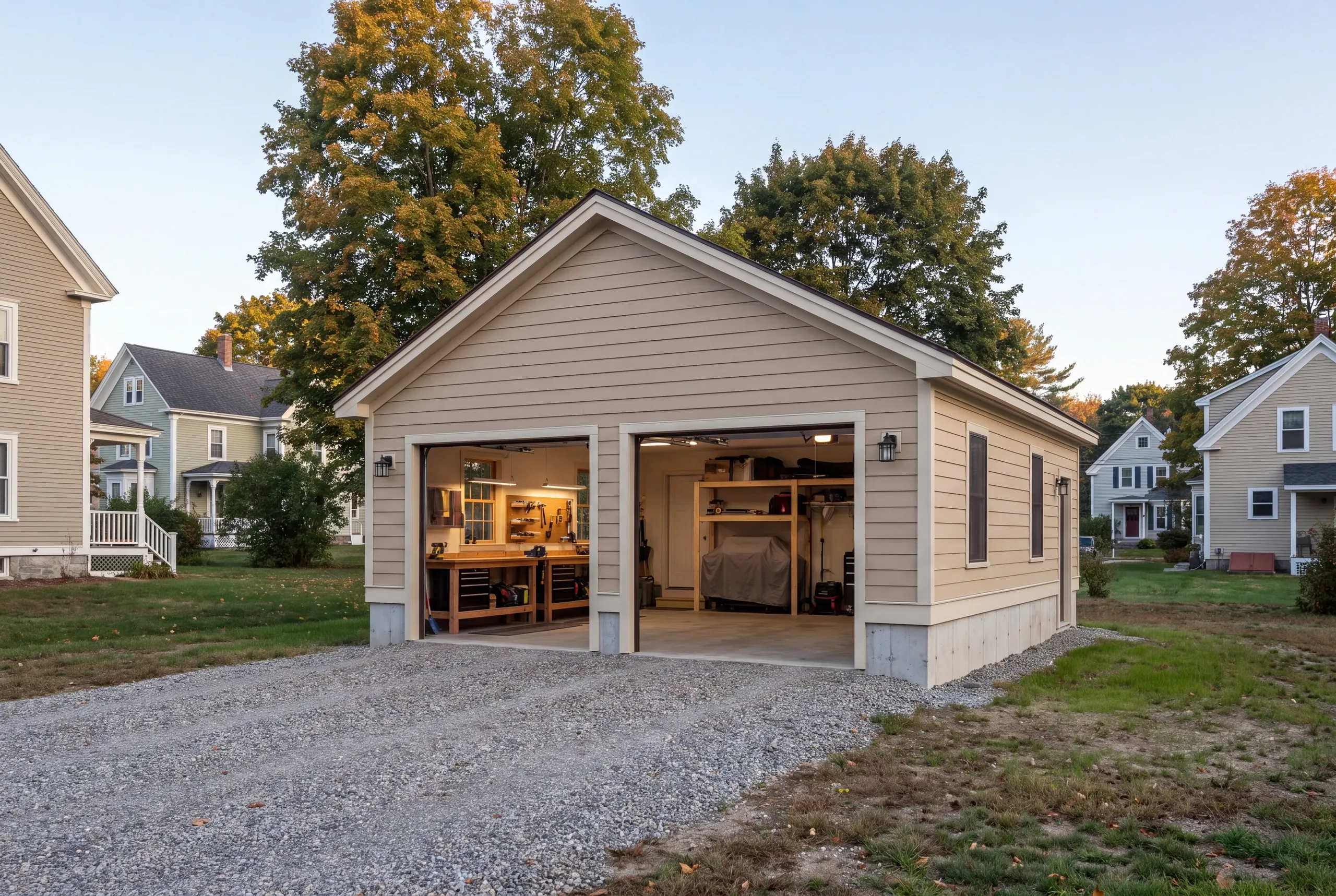 Detached garage builder Pittsfield Maine: two-bay garage with both doors open on workbenches, pegboard and storage shelving