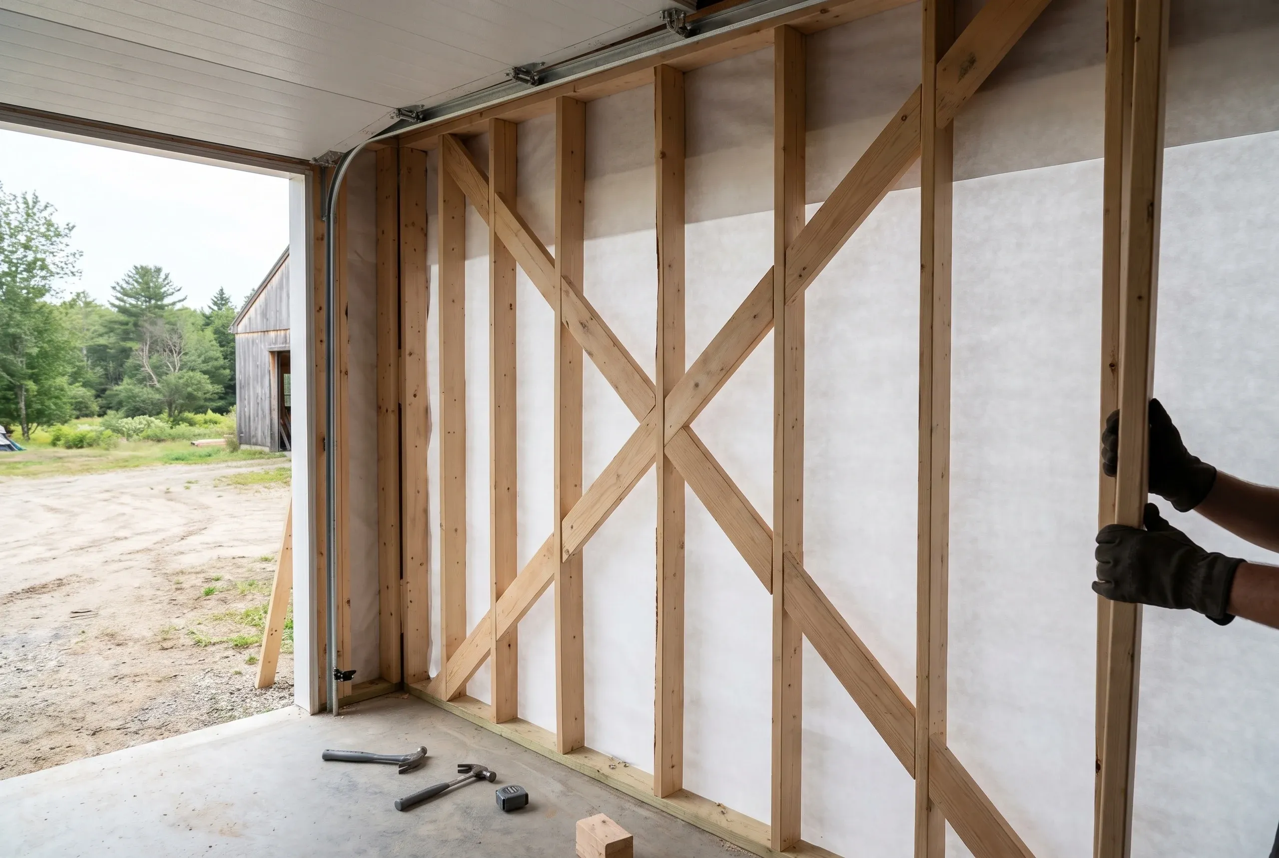 Garage builder Pittsfield Maine: framed stud wall with diagonal let-in bracing against housewrap inside an open garage bay, gloved hand steadying a stud at right