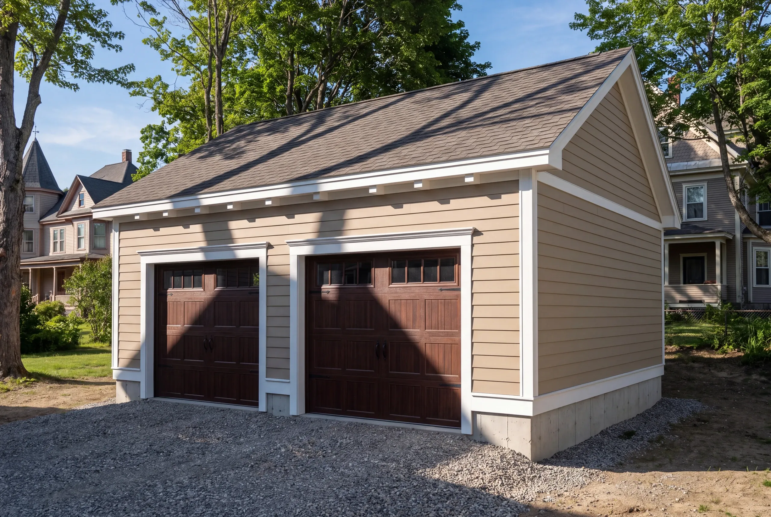 Custom garage builder Pittsfield Maine: two-bay garage with wood-tone carriage doors set below Victorian houses on a gravel pad