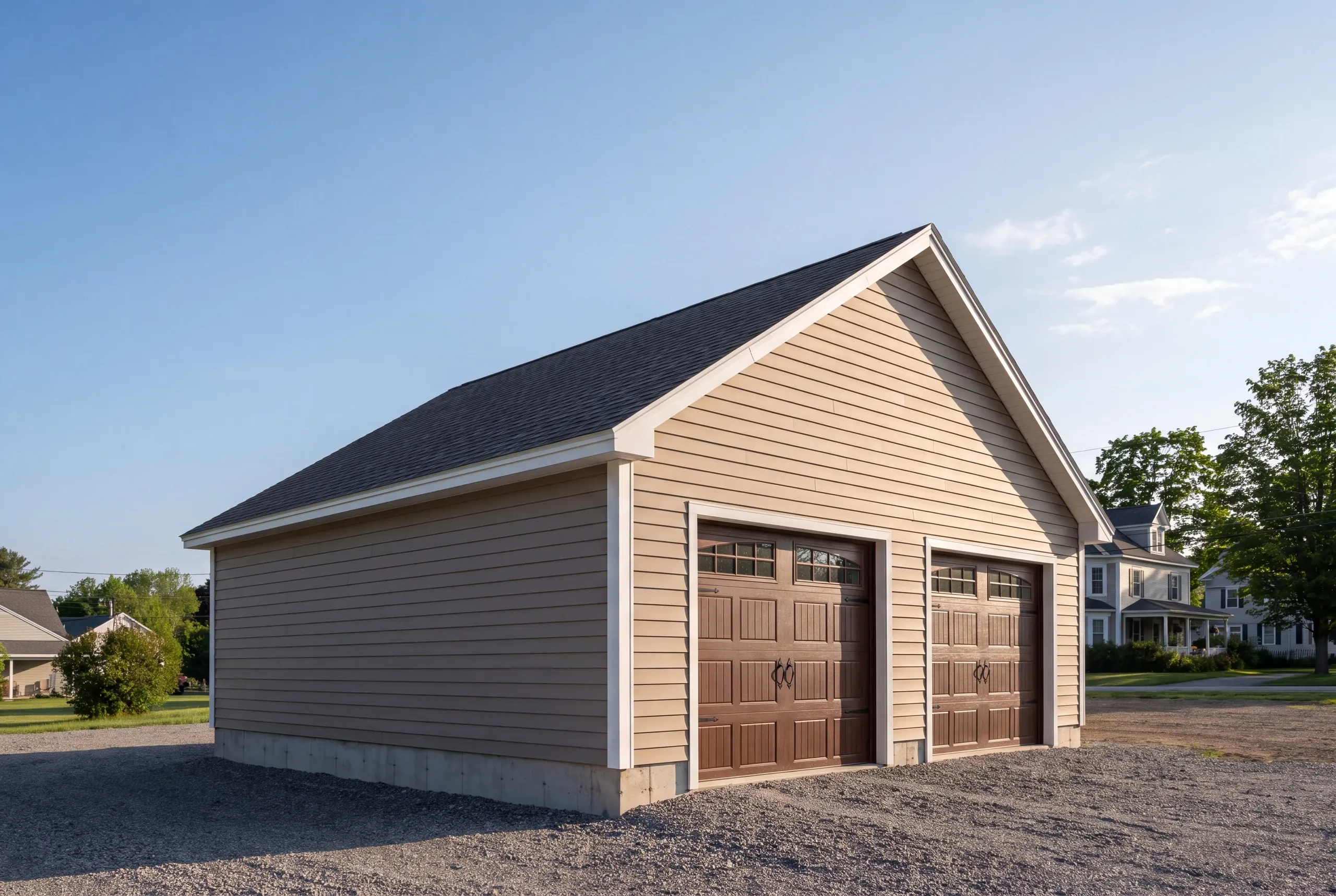 Detached garage builder Pittsfield Maine: taupe two-bay garage with brown overhead doors at the edge of a residential street