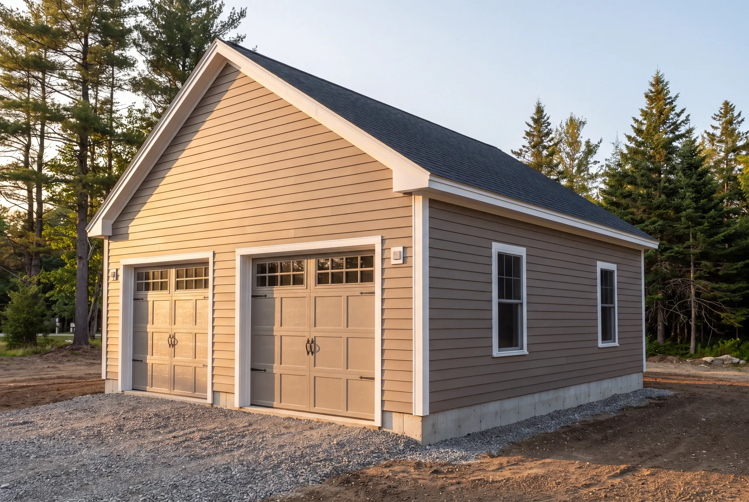 Garage builder in Pittston, ME: tan two-bay garage with beige carriage doors on a freshly cleared wooded lot