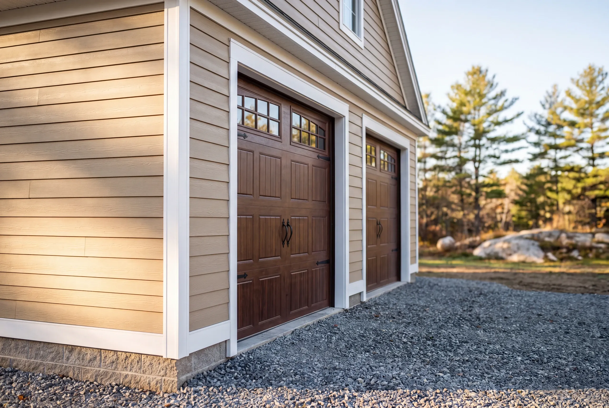 Custom garage builder Pittston Maine: corner view of a tan garage with brown windowed doors and a gravel apron by boulders