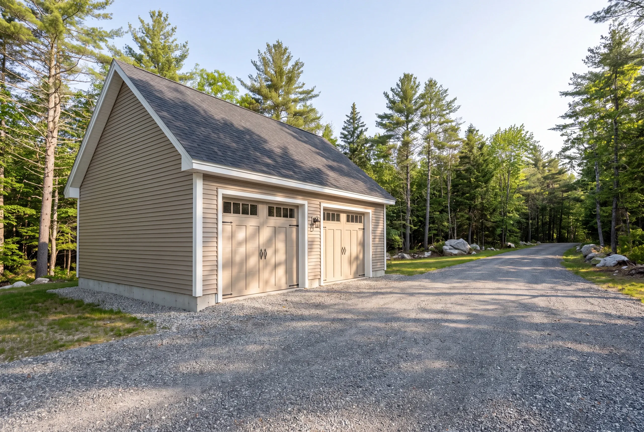 Detached garage builder Pittston Maine: two-bay garage with cream carriage doors at the end of a long gravel drive in the woods