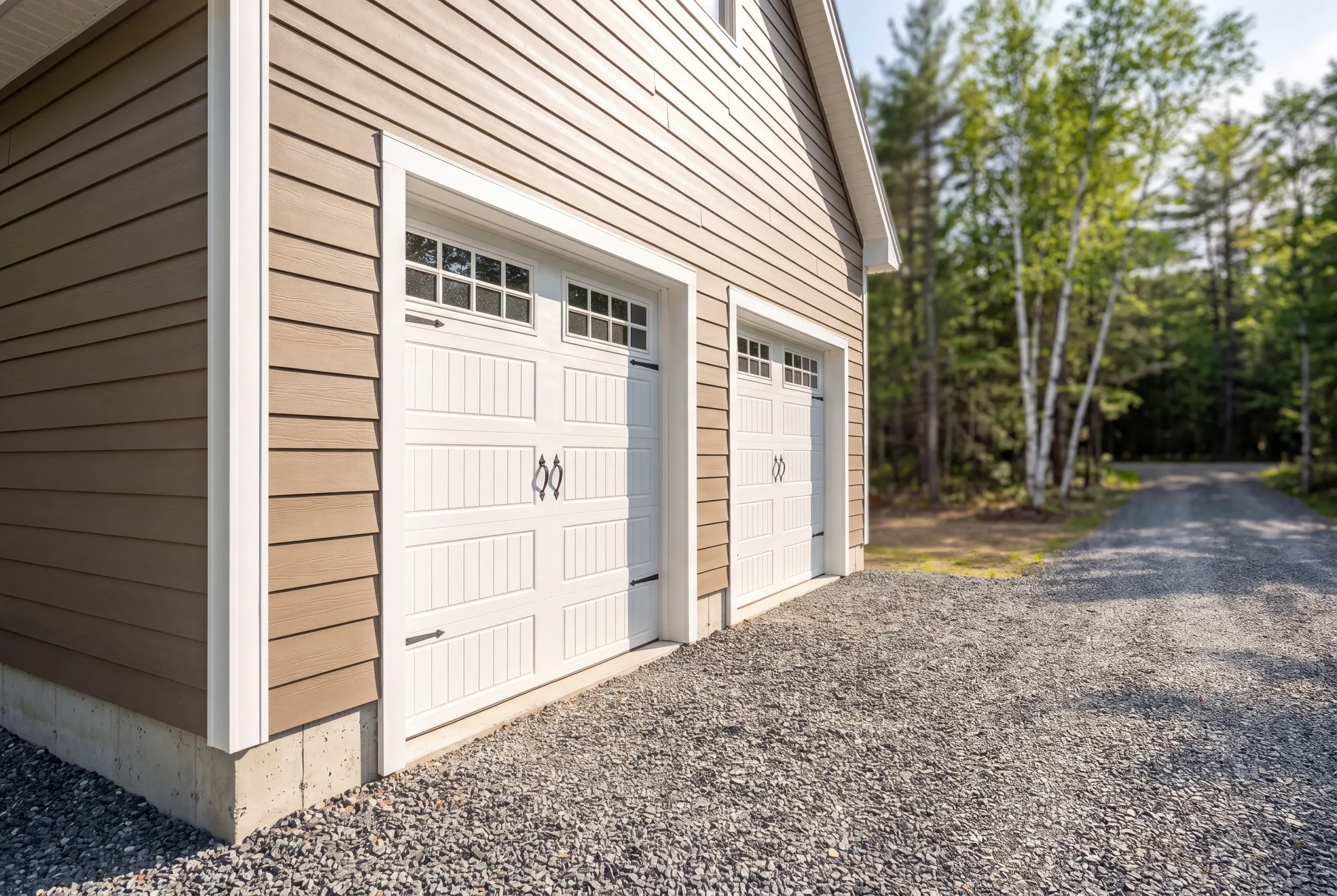Garage builder Pittston Maine: tan garage with white windowed doors facing a gravel apron and drive into birch woods