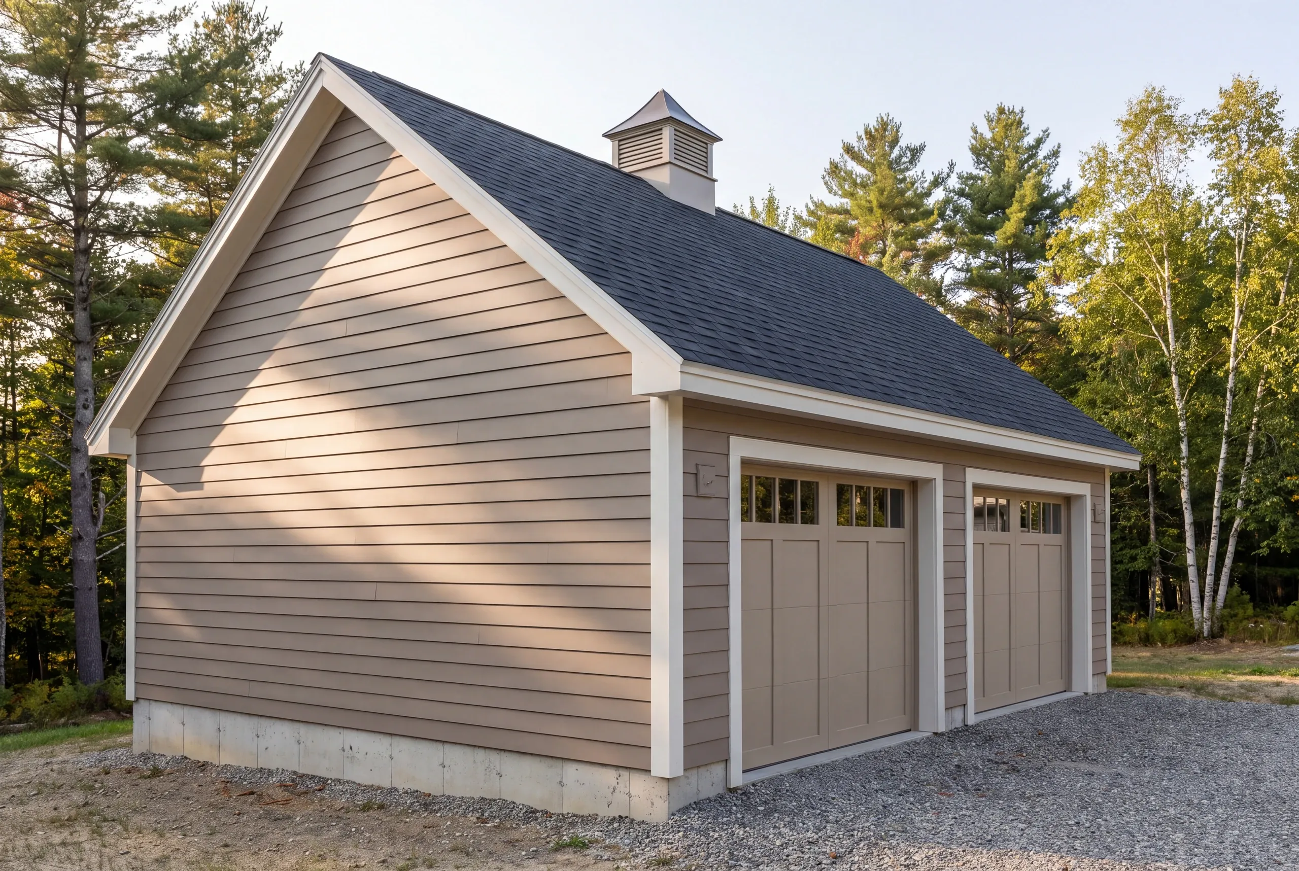 Custom garage builder Pittston Maine: taupe two-bay garage with a roof cupola and carriage doors among pines and birches