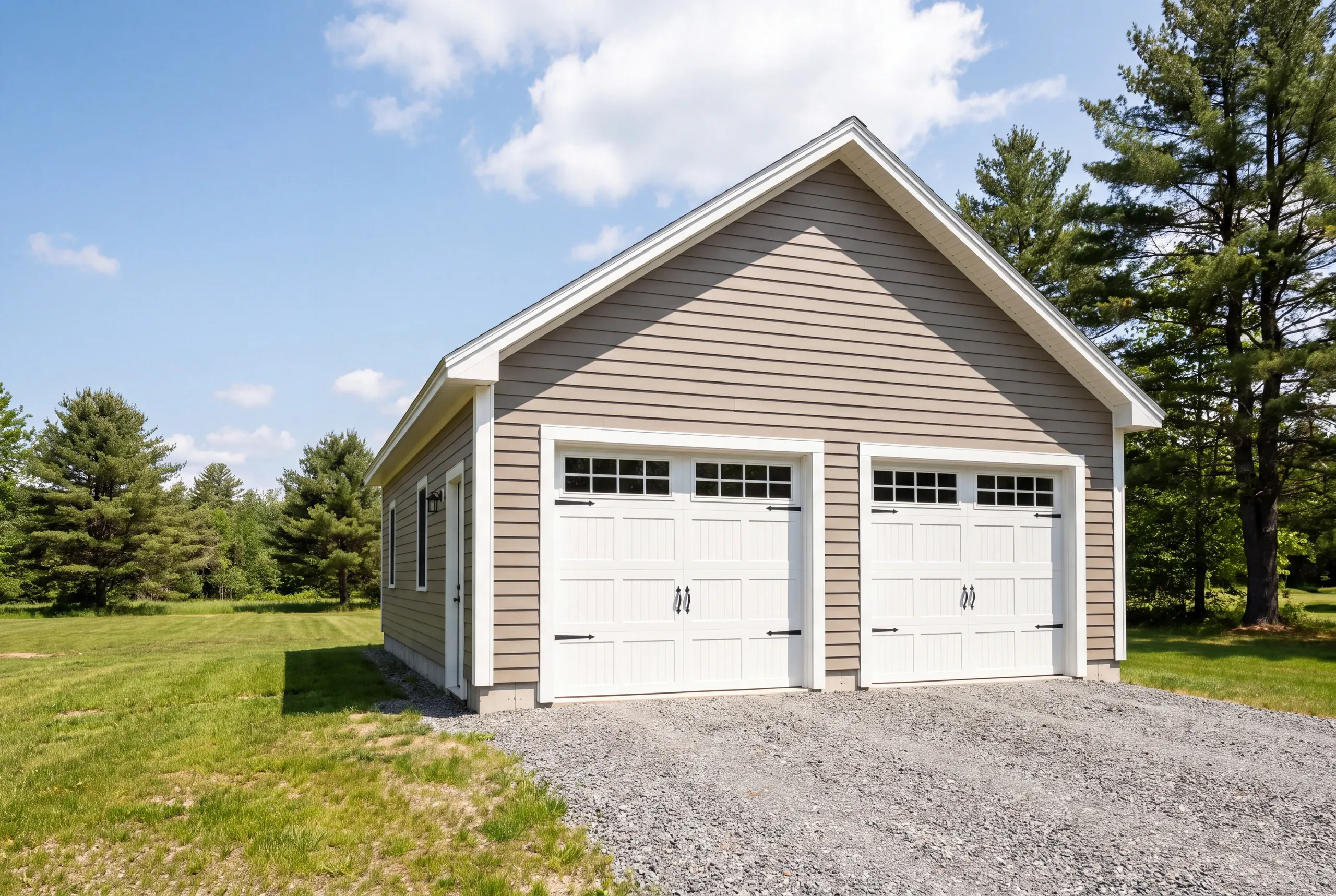 Detached garage builder Pittston Maine: taupe two-bay garage with white windowed doors beside a mowed lawn and pines