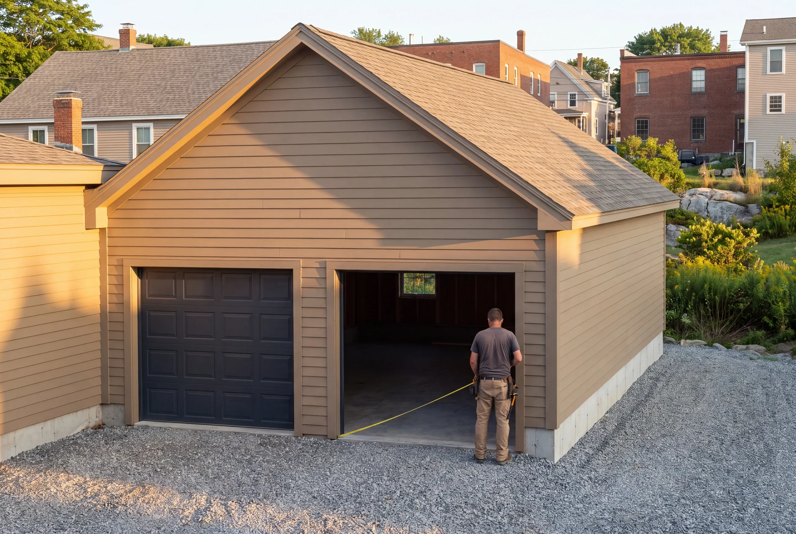 Garage builder in Rockland, ME: man in a tool belt running a tape across an open bay of a taupe garage among brick buildings