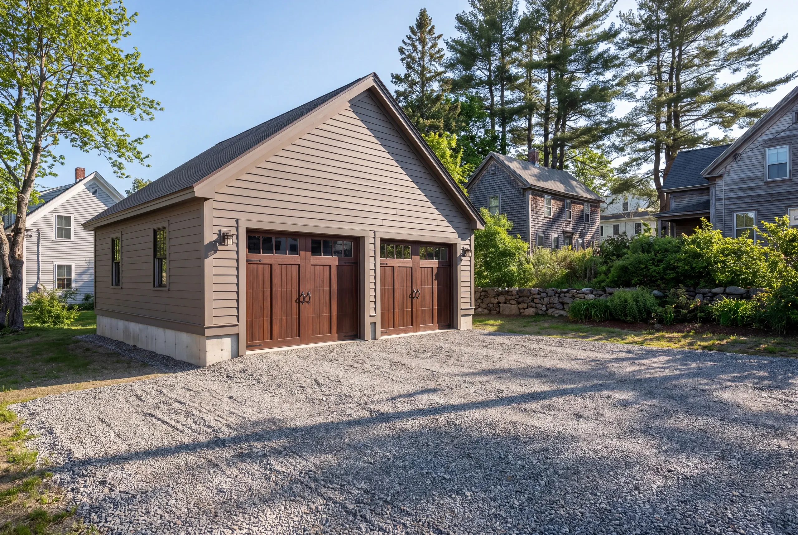 Detached garage builder Rockland Maine: taupe two-bay garage with wood-tone doors on a wide gravel pad behind older homes