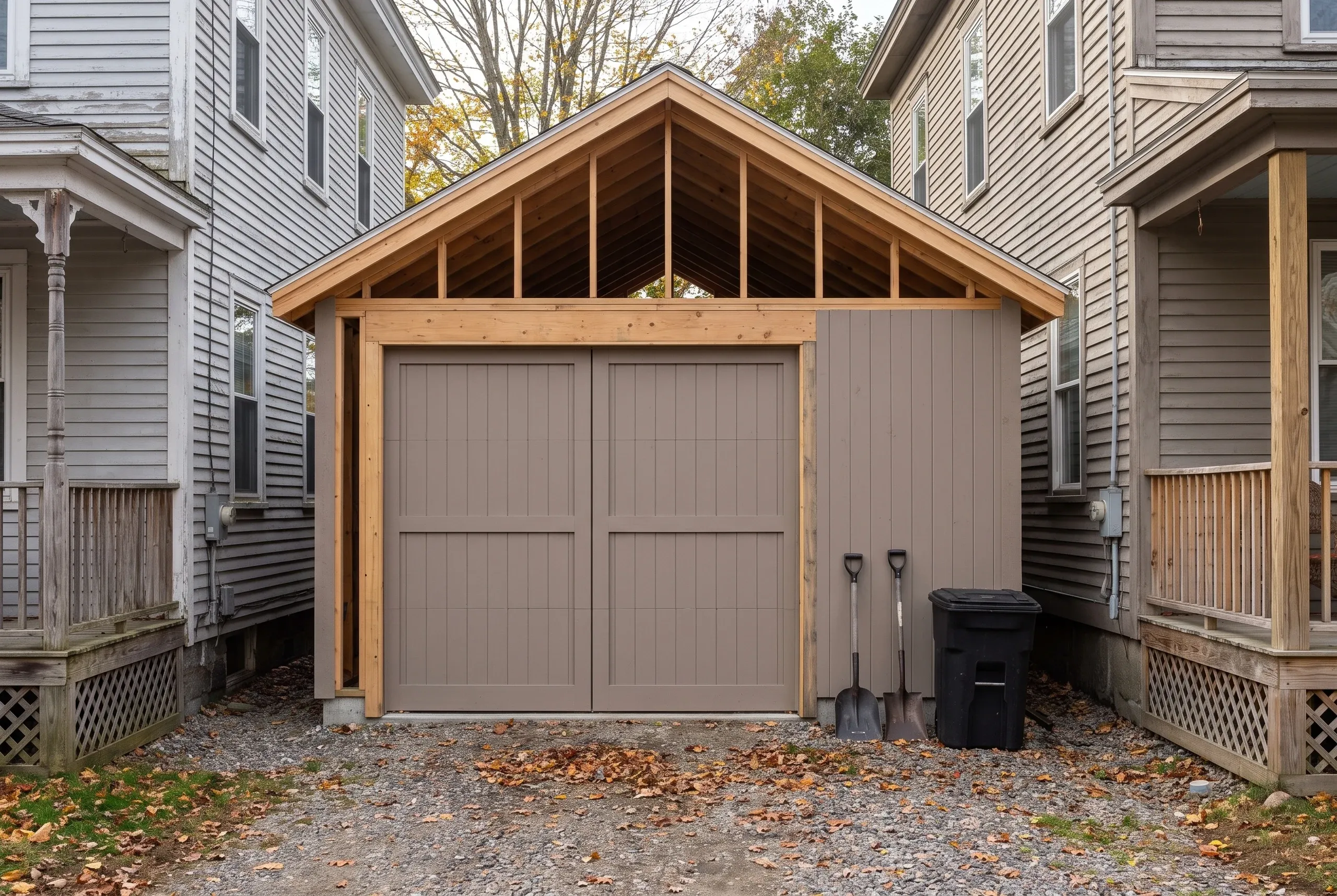 Garage builder Rockland Maine: taupe single-bay garage squeezed between two older gray homes with shovels and a trash can beside the drive