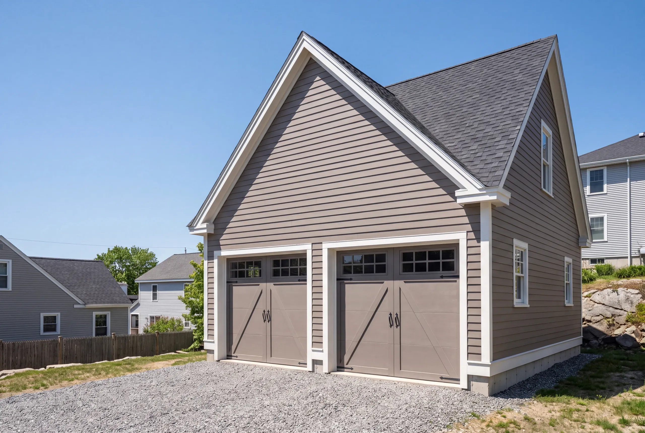 Custom garage builder Rockland Maine: steep-roof taupe garage with crossbuck carriage doors and an upper window near a ledge