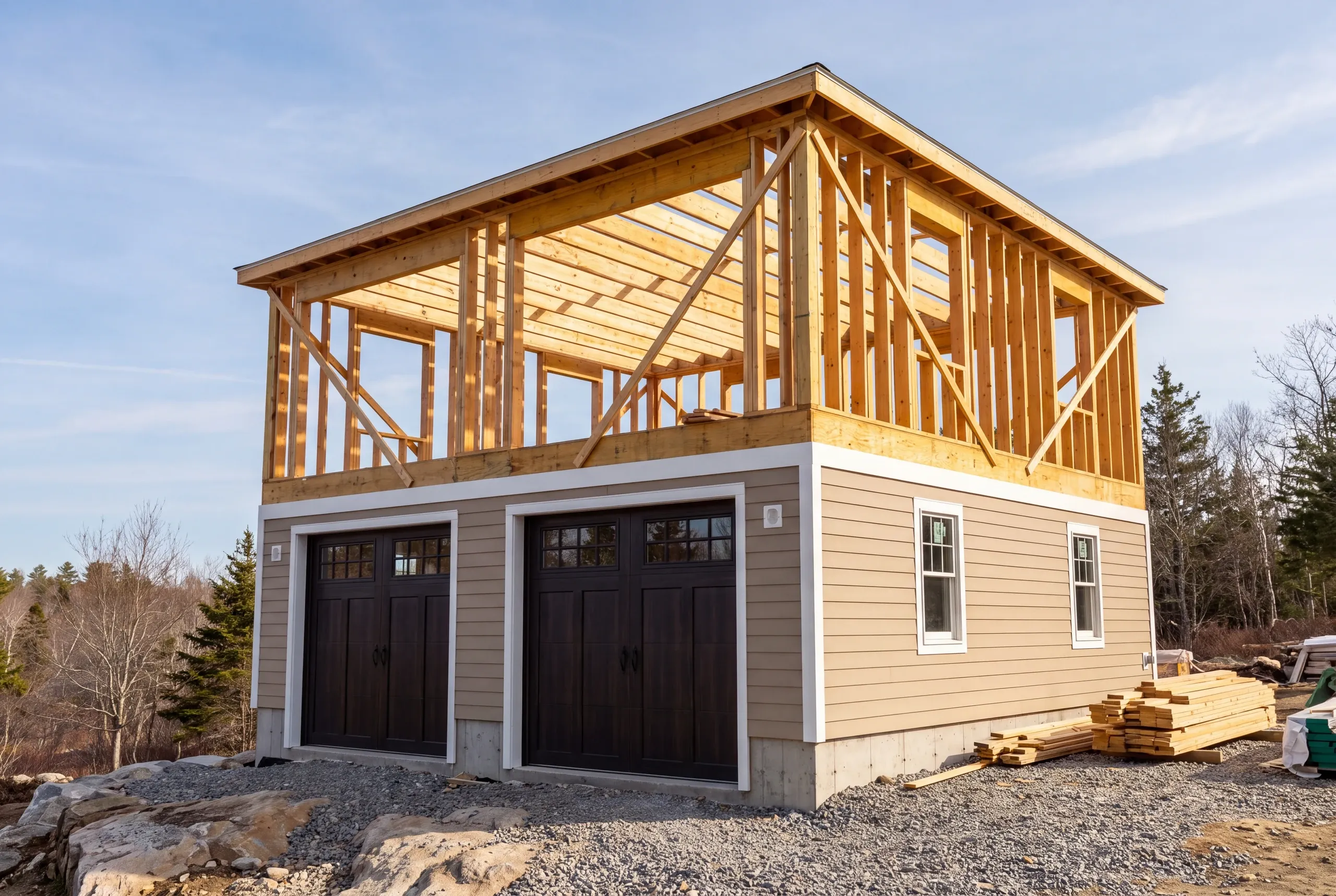 Garage builder in Rockport, ME: two-bay garage with dark doors and a framed second story open to the sky above