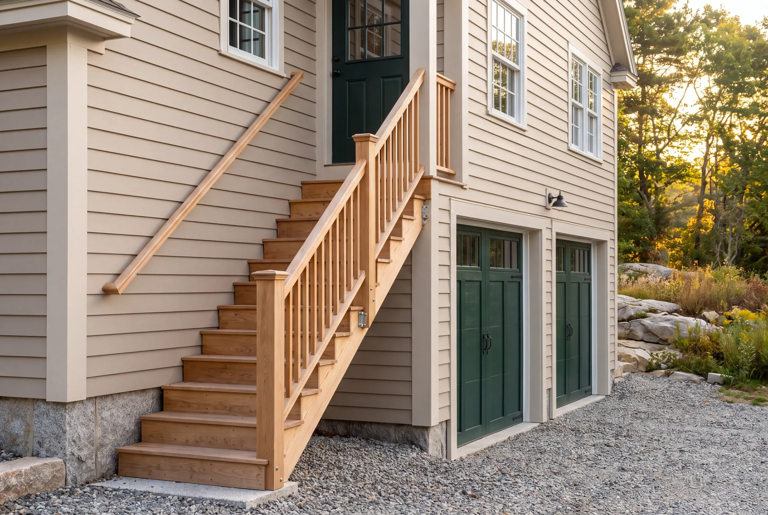 Custom garage builder Rockport Maine: wood exterior stair with railing up to a green door above green carriage-style garage doors