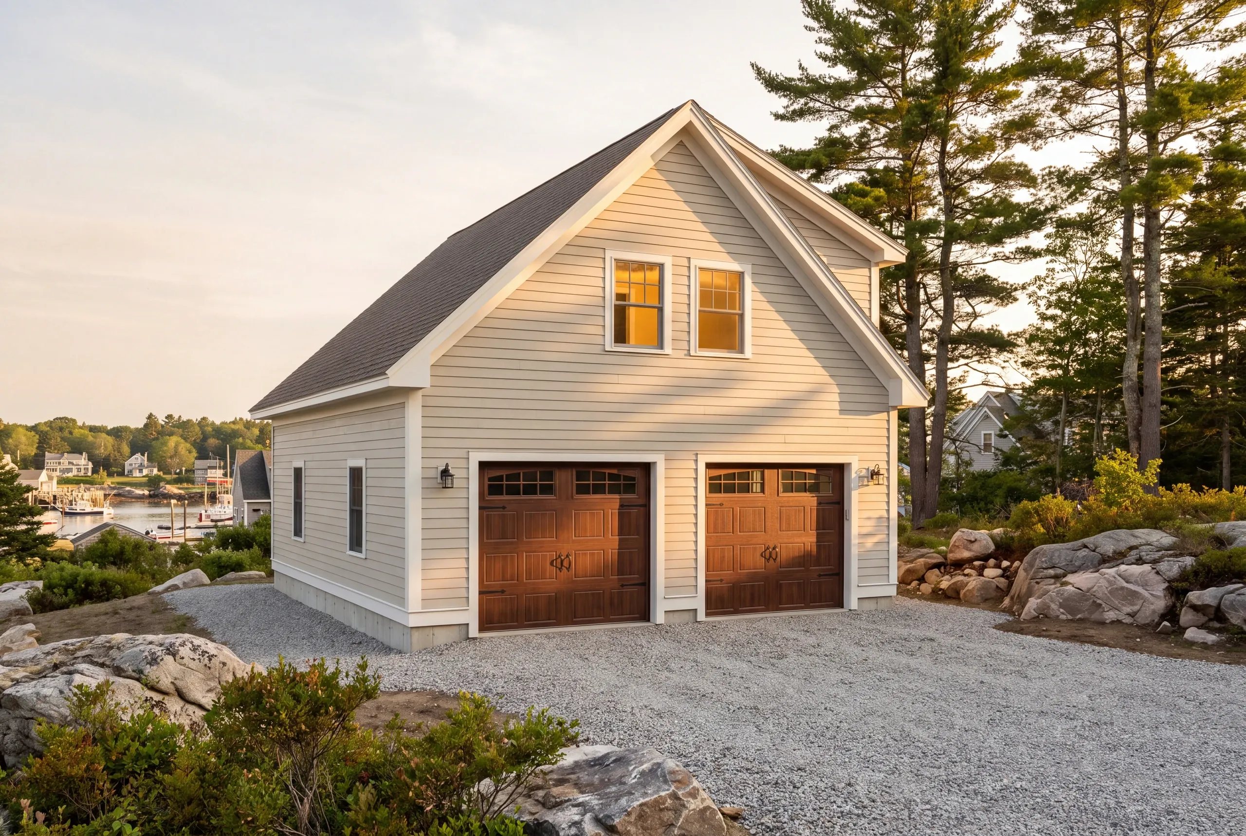 Detached garage builder Rockport Maine: cream two-story garage with lit upper windows and wood-tone doors above a harbor