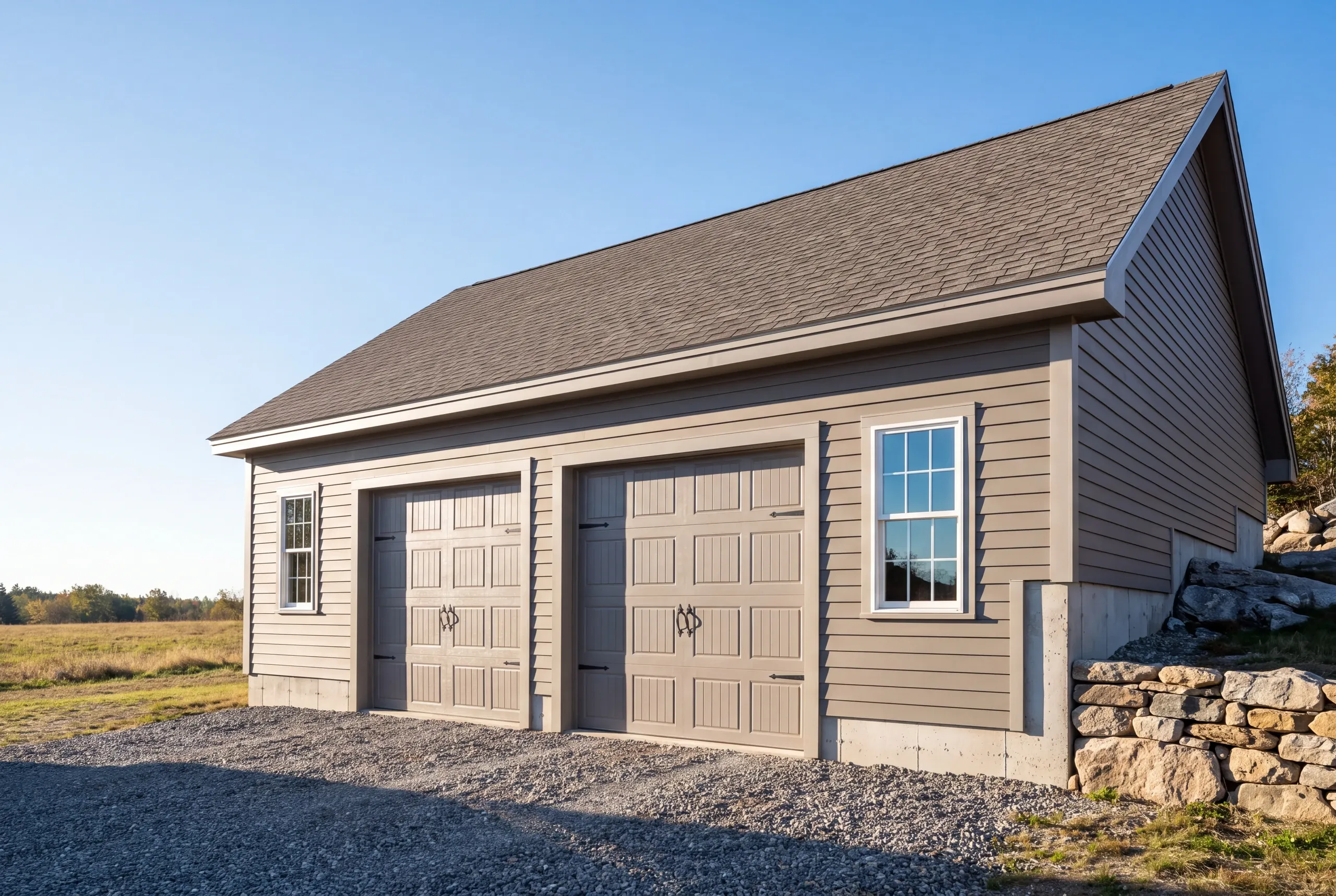 Custom garage builder Rockport Maine: taupe two-bay garage with windowed side wall and stone retaining wall on an open field