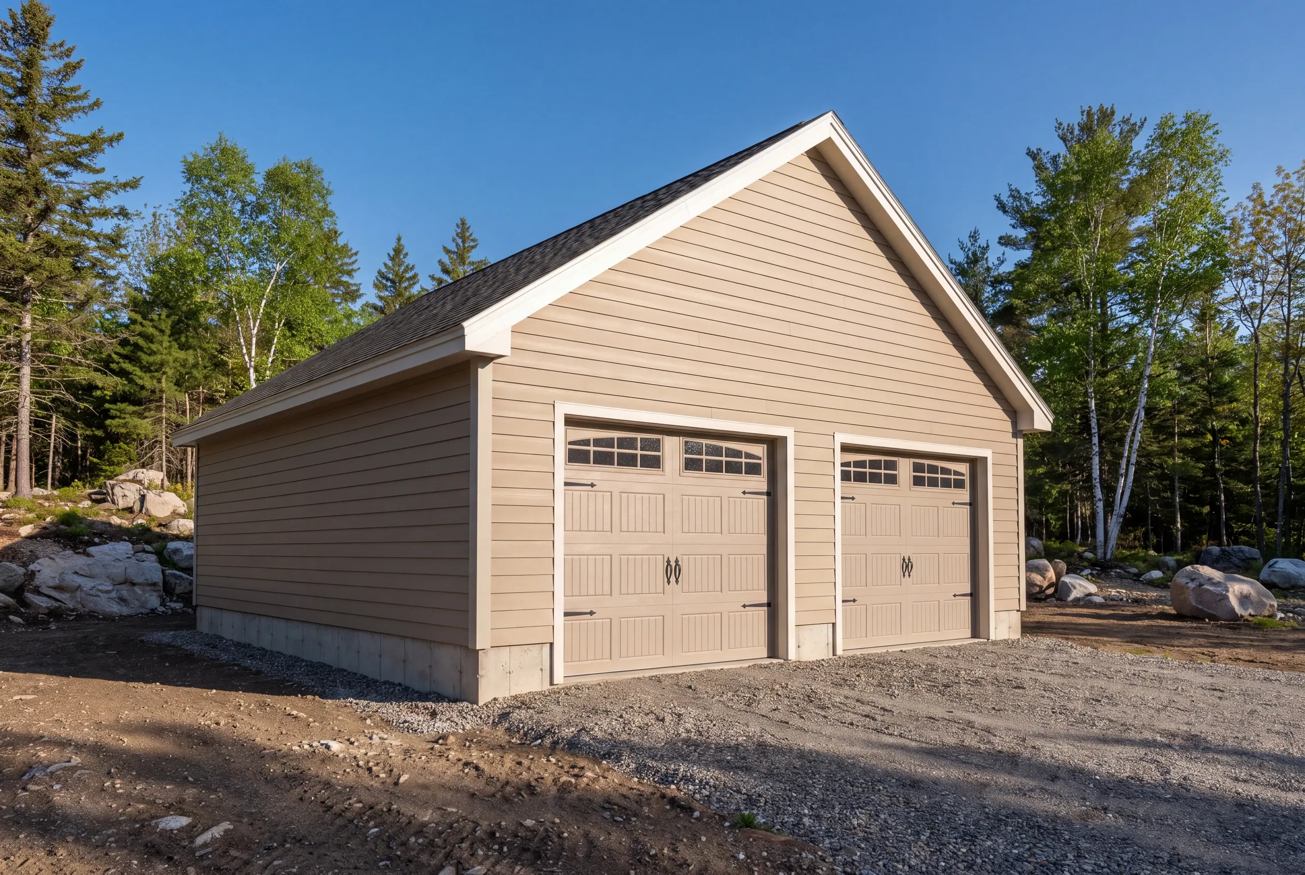 Garage builder in Searsmont, ME: tan two-bay garage with cream windowed doors on a cleared lot ringed by boulders and birches