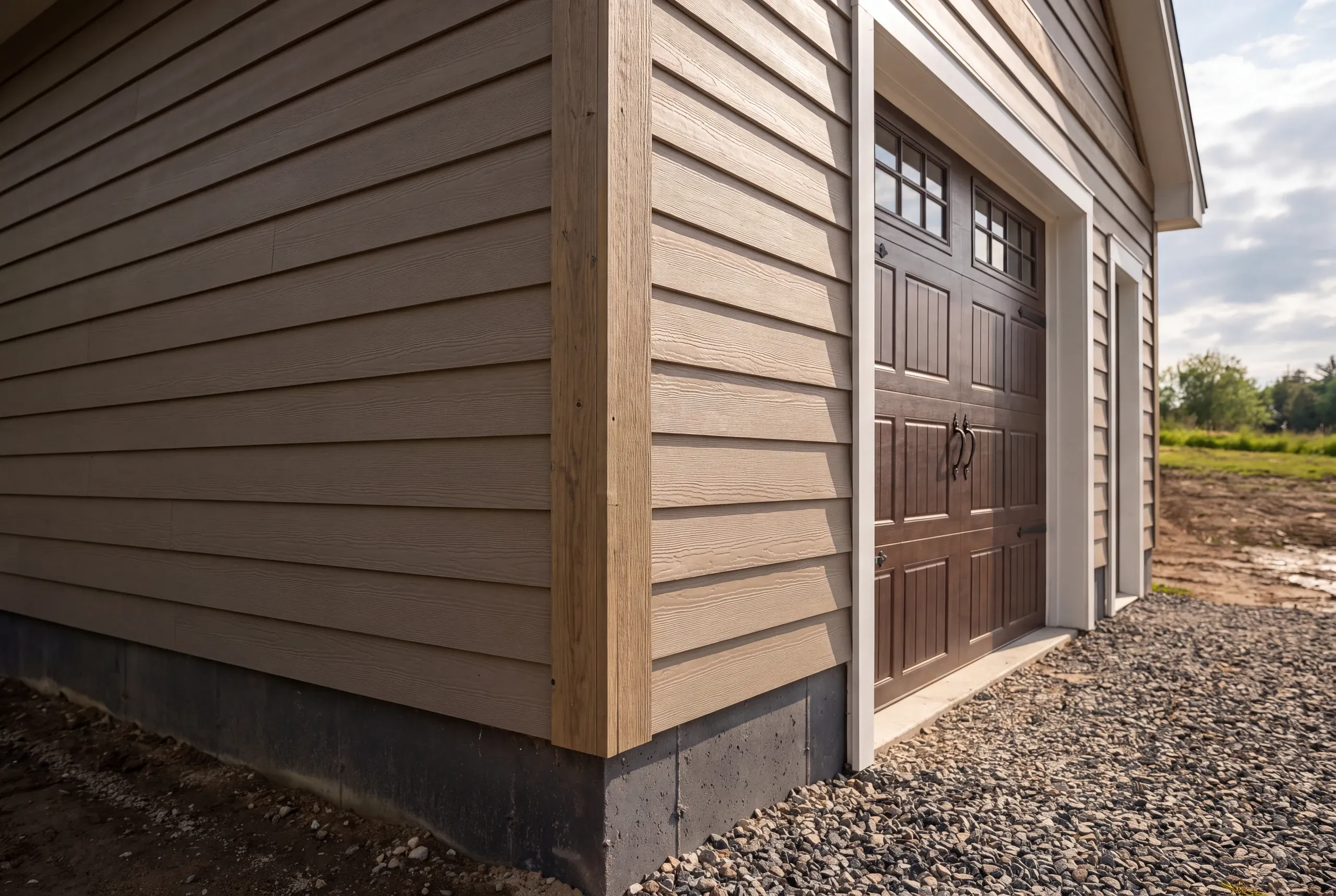 Custom garage builder Searsmont Maine: corner of a tan lap-sided garage with a wood corner board and brown windowed door on concrete