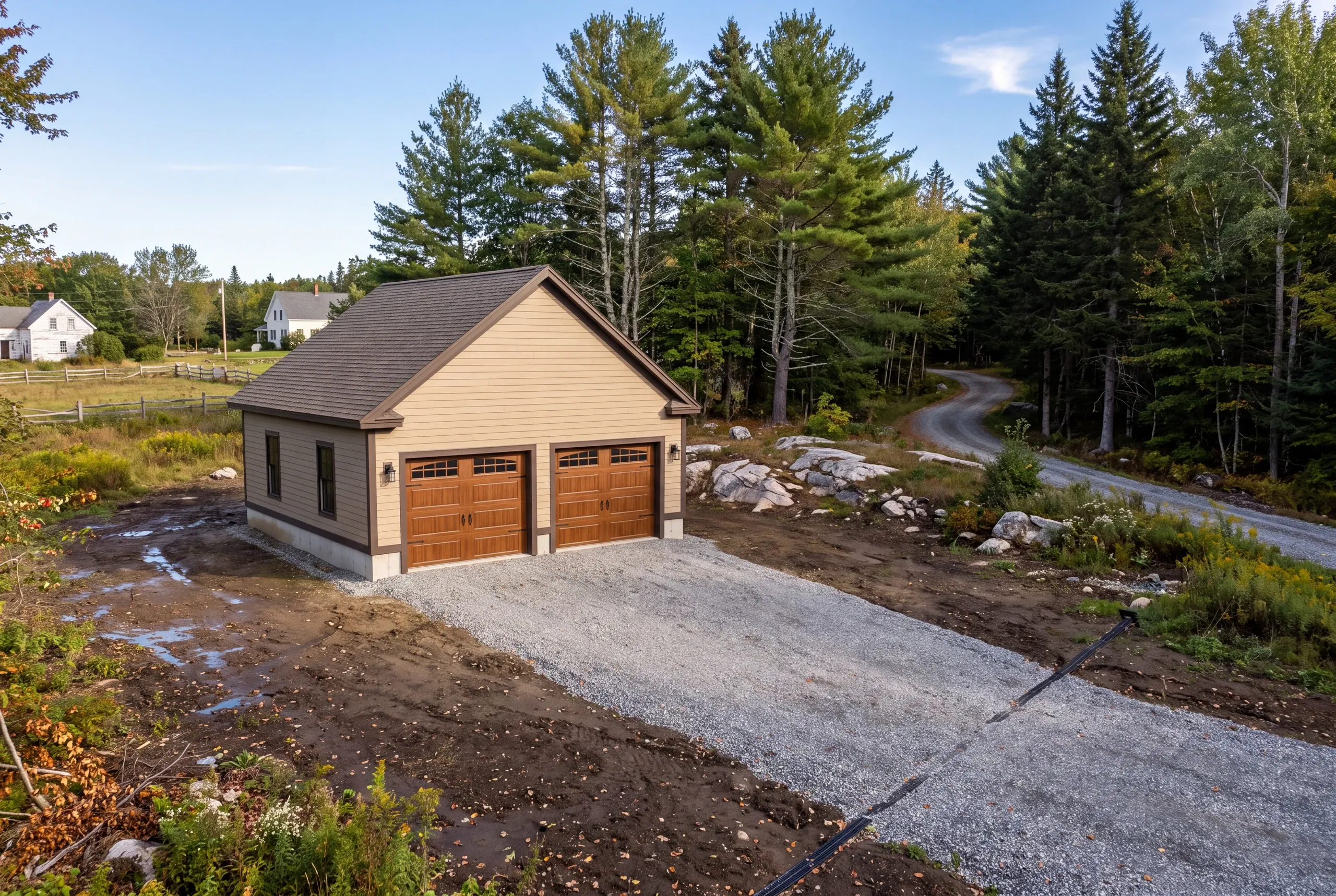 Detached garage builder Searsmont Maine: tan two-bay garage with wood-tone doors on a freshly cleared lot, long gravel drive curving away