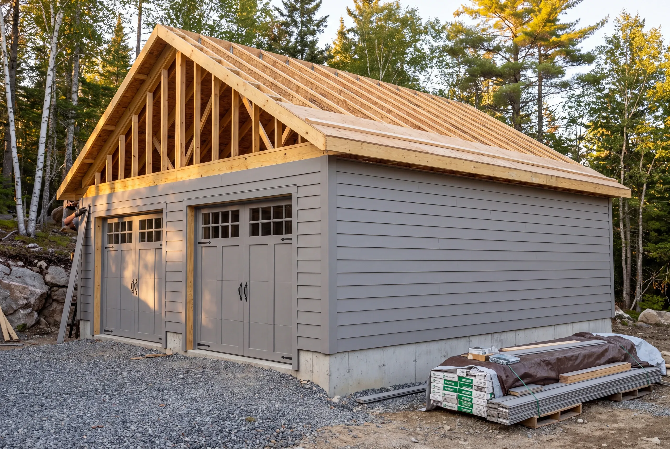Garage builder Searsmont Maine: gray-sided garage with open gable framing and bare roof sheathing, materials on a pallet